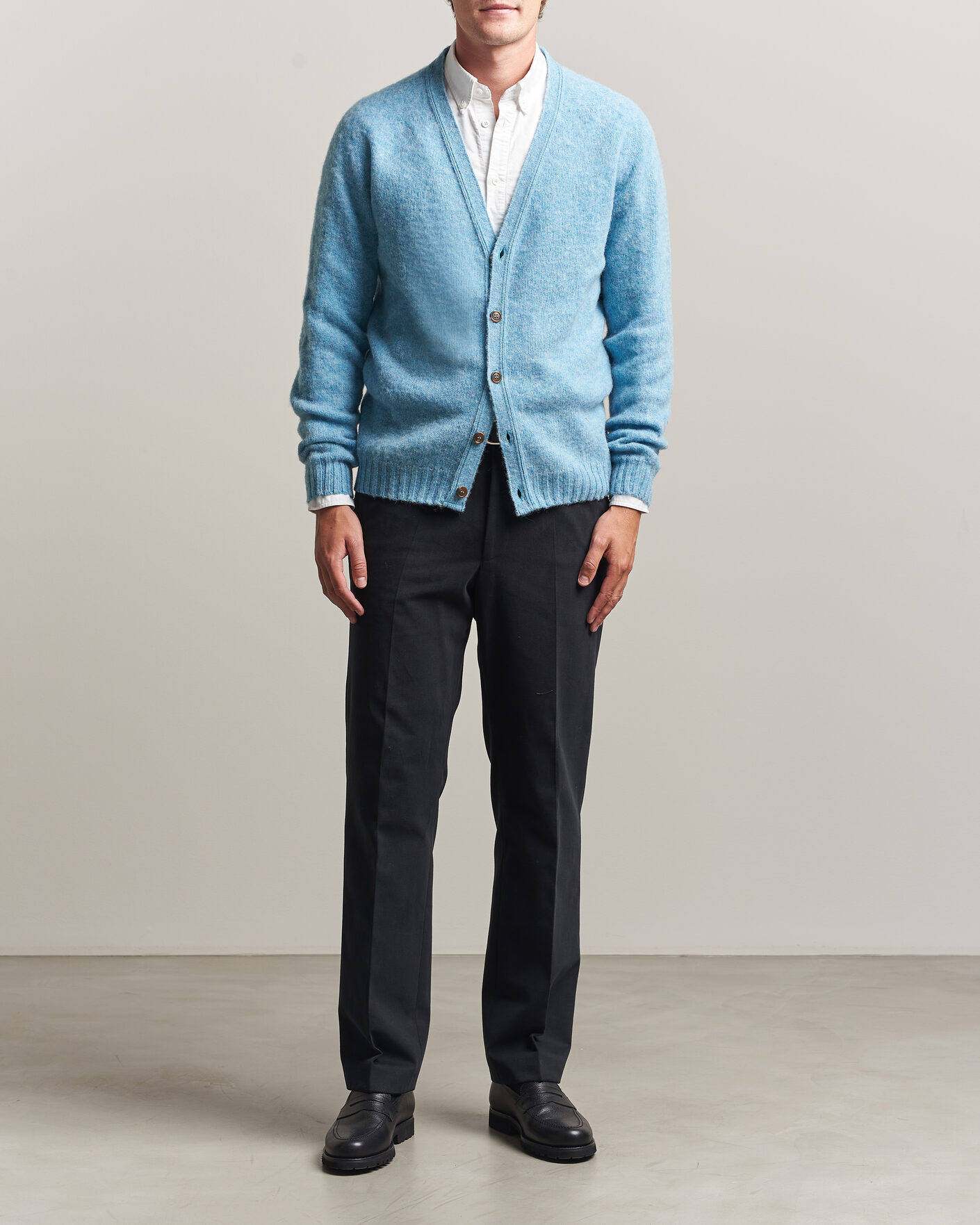 Hombres | Jerséis y prendas de punto | Harley Of Scotland | Brushed Supersoft Lambswool Cardigan Loch Blue