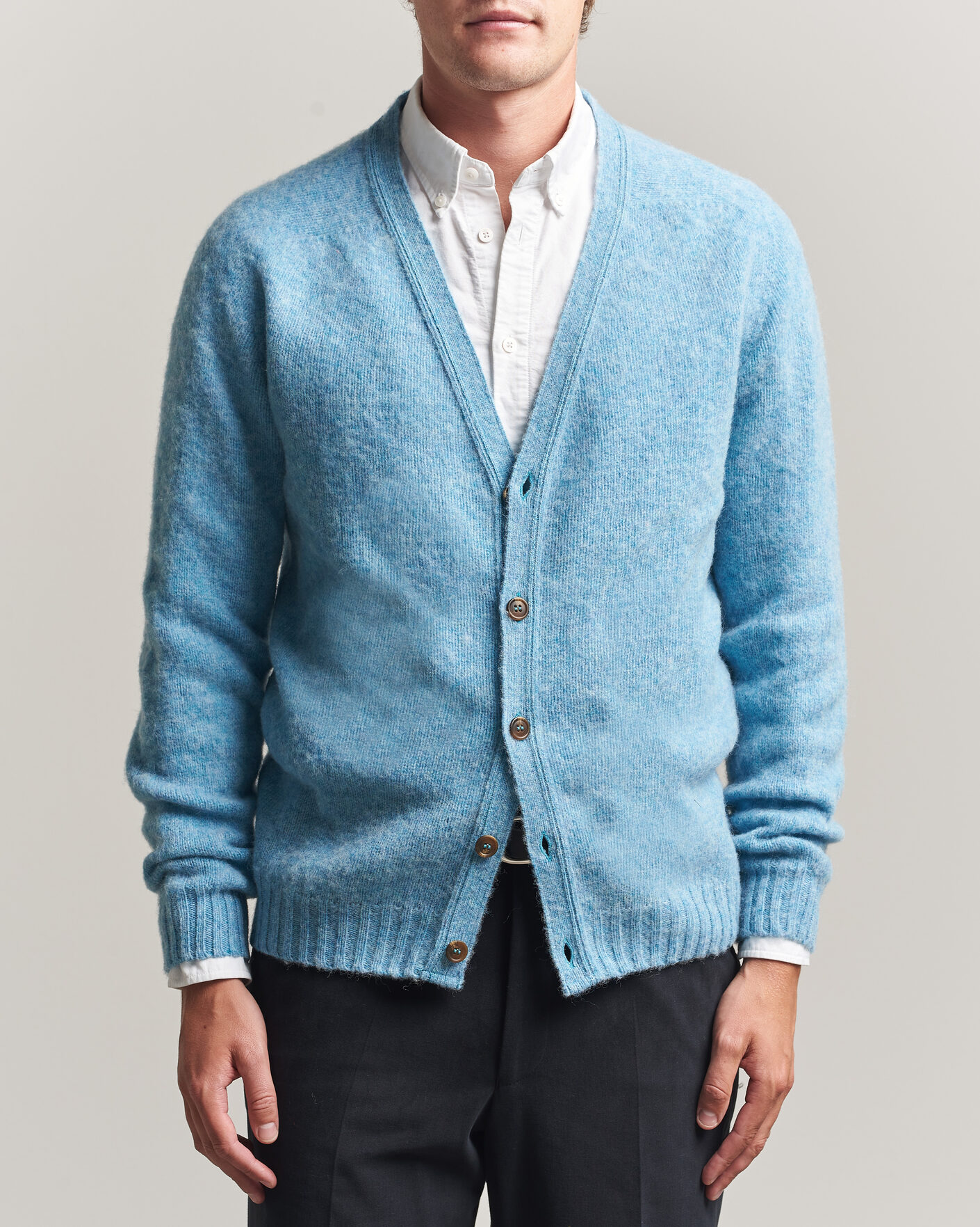 Hombres | Jerséis y prendas de punto | Harley Of Scotland | Brushed Supersoft Lambswool Cardigan Loch Blue