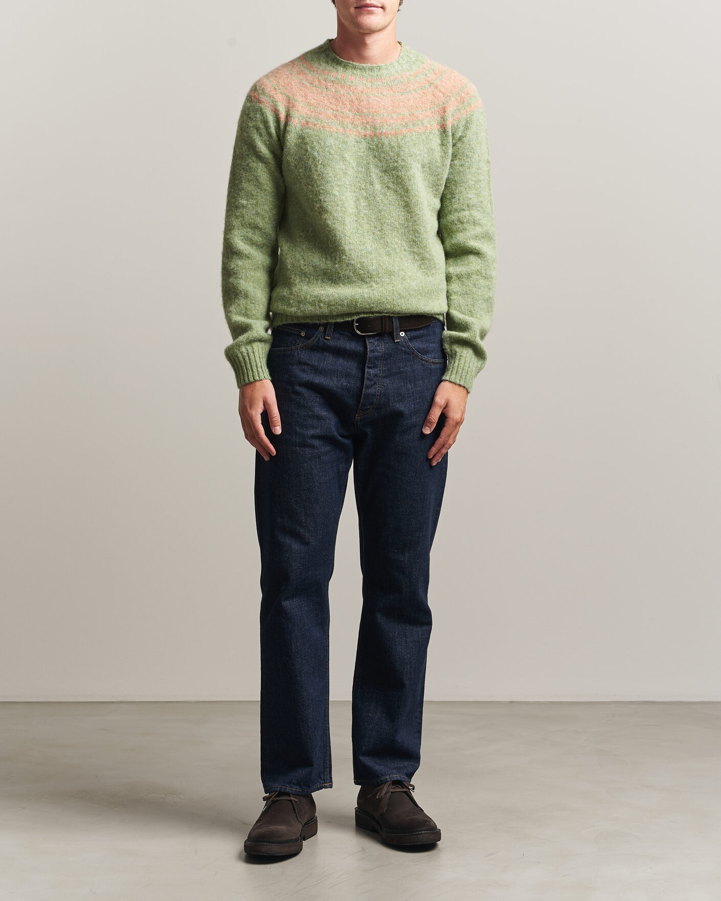 Hombres | Jerséis y prendas de punto | Harley Of Scotland | Brushed Supersoft Lambswool Yolk Fairisle Sage/Parfait