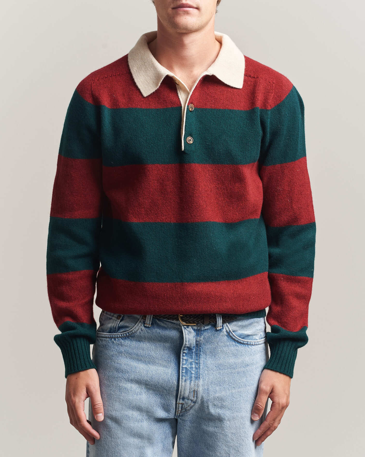 Hombres | Jerséis y prendas de punto | Harley Of Scotland | Supersoft 2ply Lambswool Rugby Green/Red