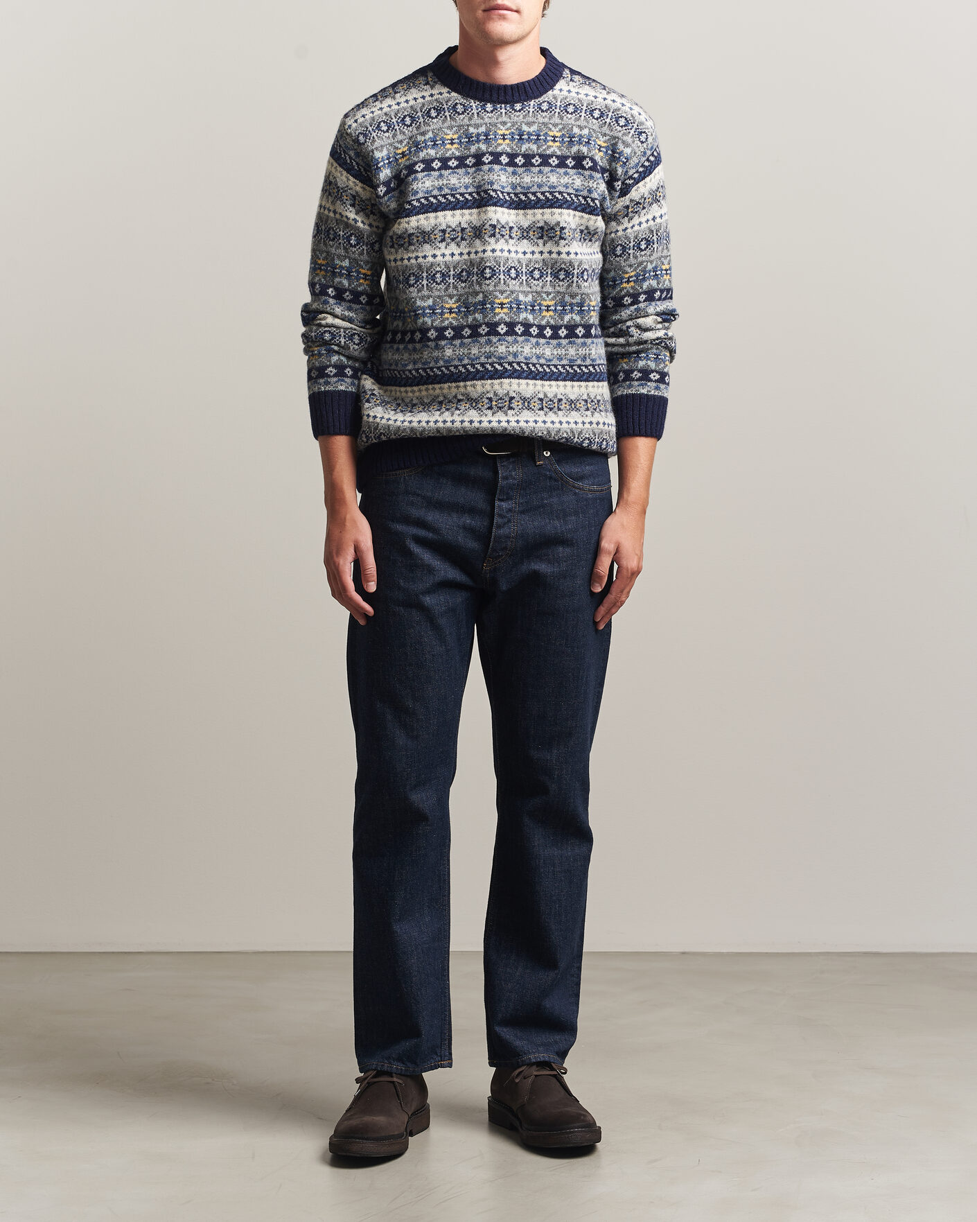 Hombres | Jerséis y prendas de punto | Harley Of Scotland | Supersoft 2ply Lambswool Fairisle Crew Navy