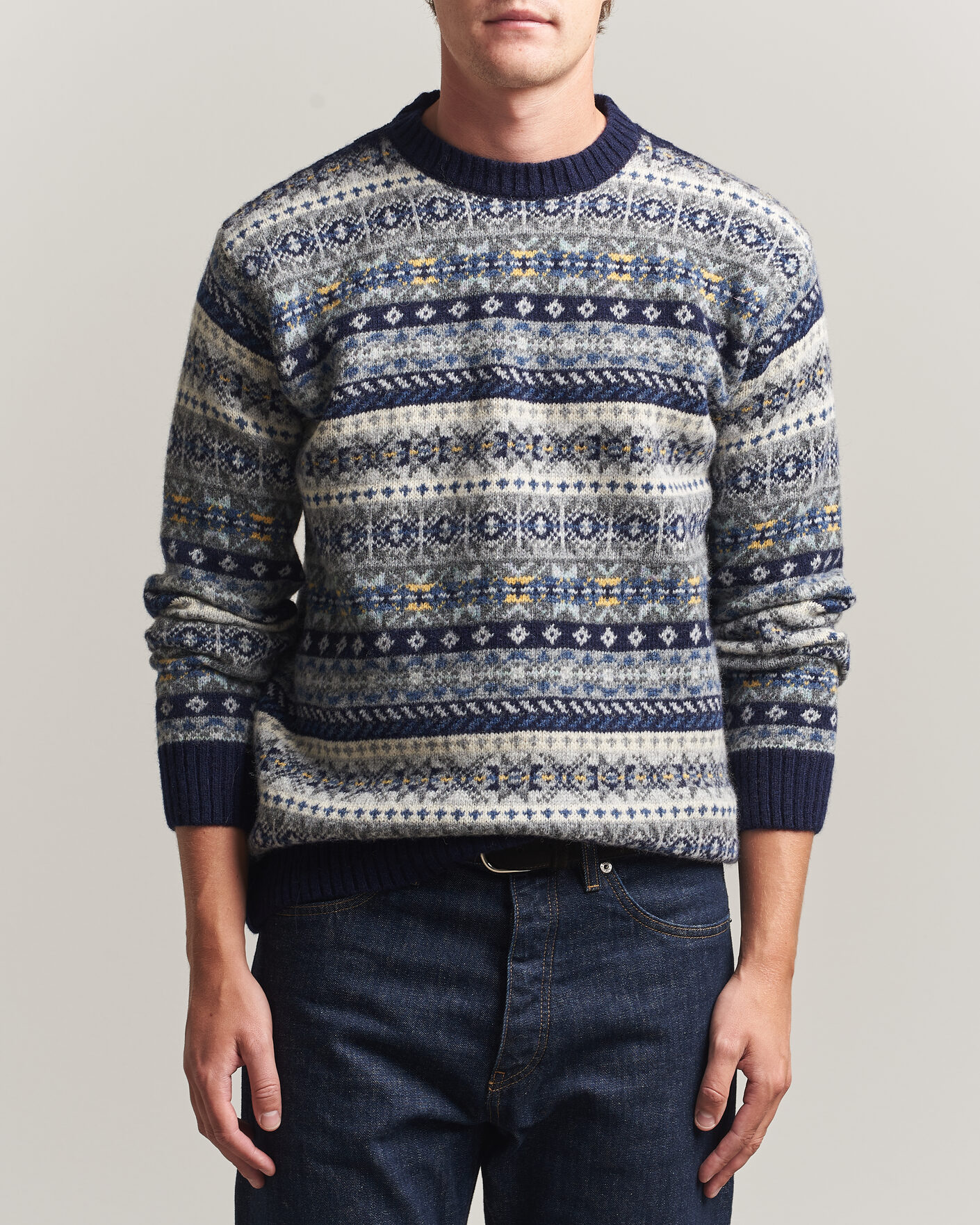 Hombres | Jerséis y prendas de punto | Harley Of Scotland | Supersoft 2ply Lambswool Fairisle Crew Navy