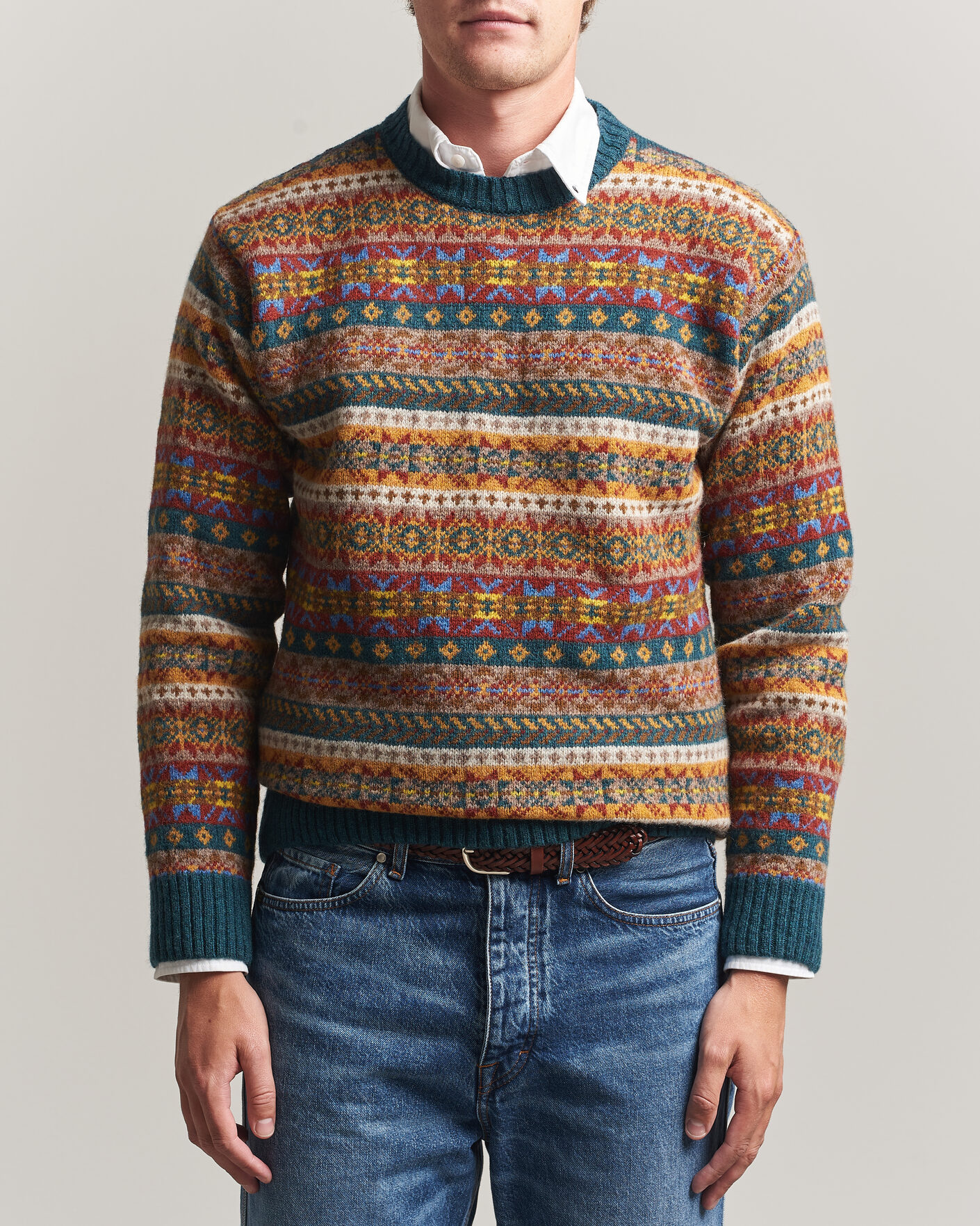 Hombres | Jerséis y prendas de punto | Harley Of Scotland | Supersoft 2ply Lambswool Fairisle Crew Tempest