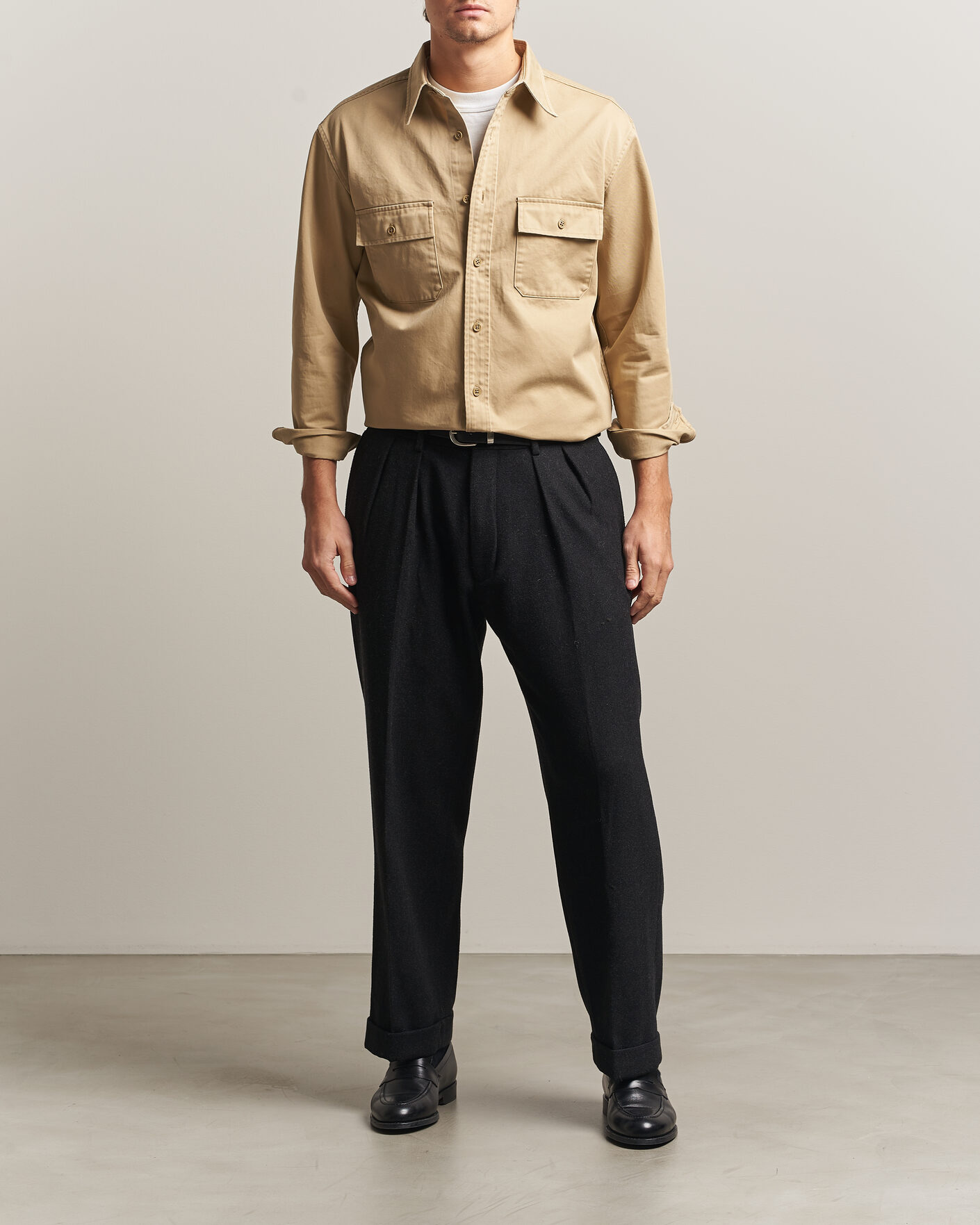 Hombres | Camisas | Kamakura Shirts | Cotton Twill CPO Overshirt Beige