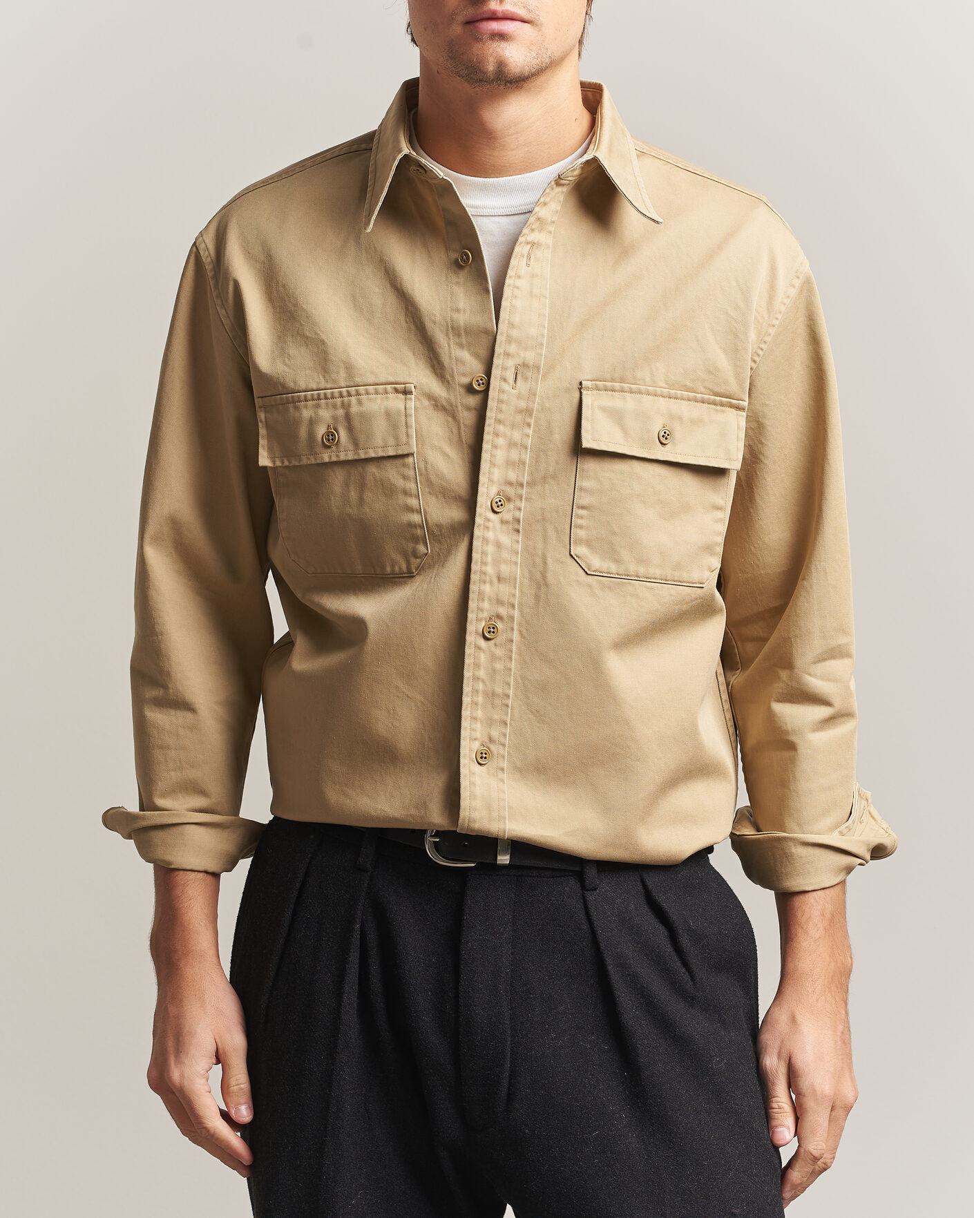 Hombres | Camisas | Kamakura Shirts | Cotton Twill CPO Overshirt Beige