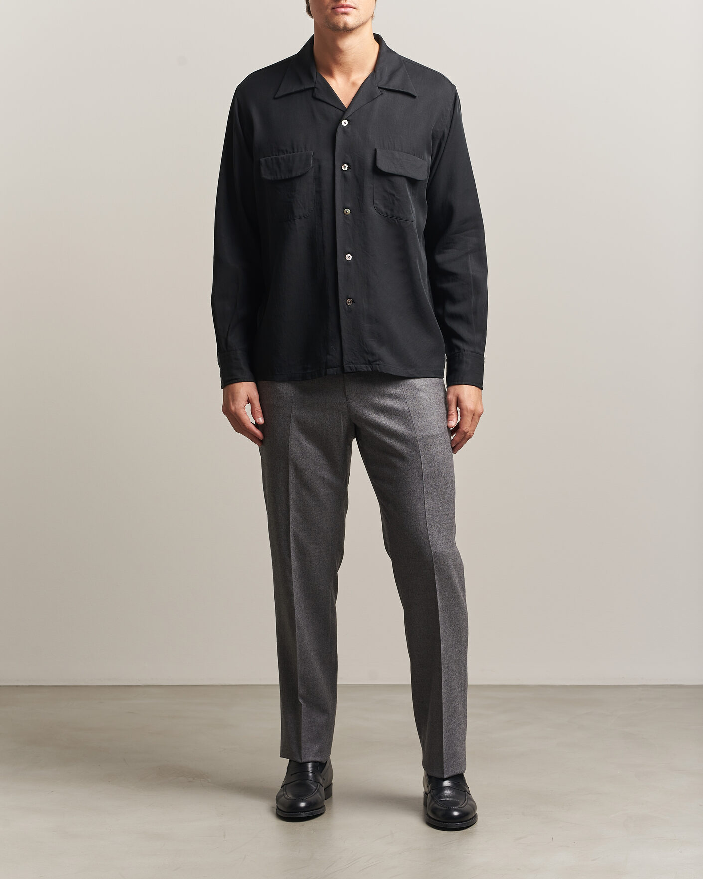 Hombres | Camisas | Kamakura Shirts | Vintage Open Collar Shirt Black