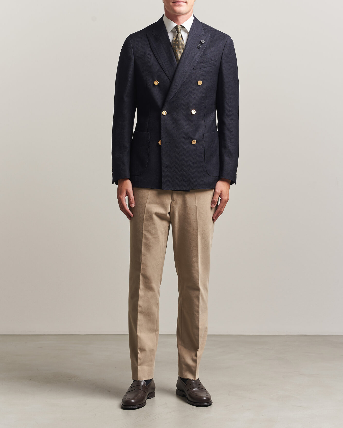 Hombres | Blazers | Lardini | Double Breasted Herringbone Wool Blazer Navy