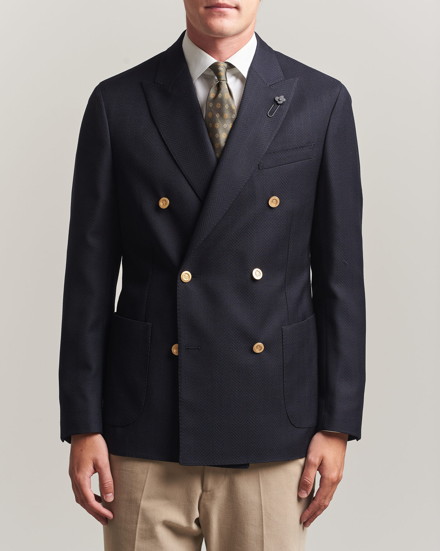 Hombres | Blazers | Lardini | Double Breasted Herringbone Wool Blazer Navy