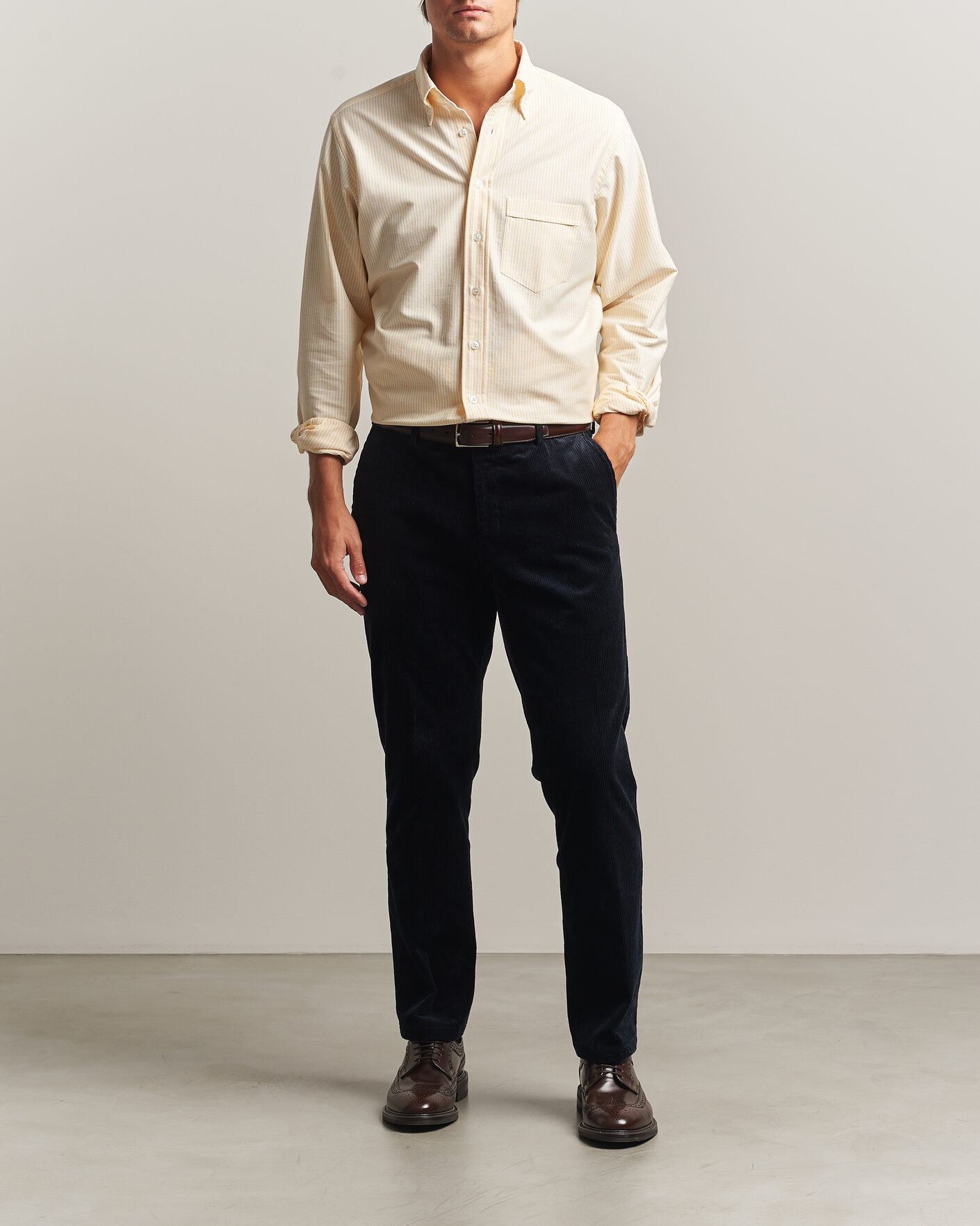 Hombres | Camisas | Drake's | Striped Button Down Oxford Shirt Yellow