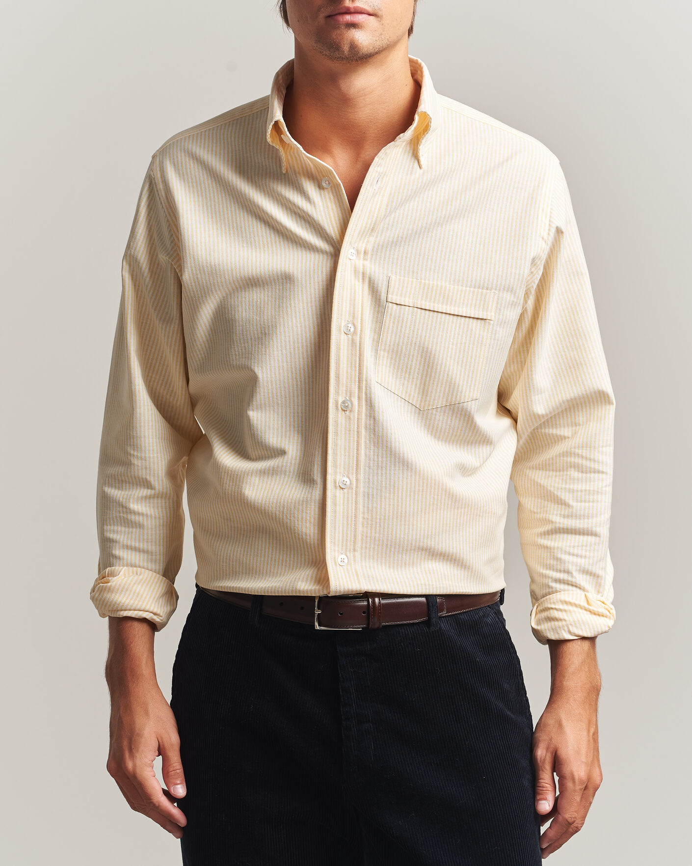 Hombres | Camisas | Drake's | Striped Button Down Oxford Shirt Yellow
