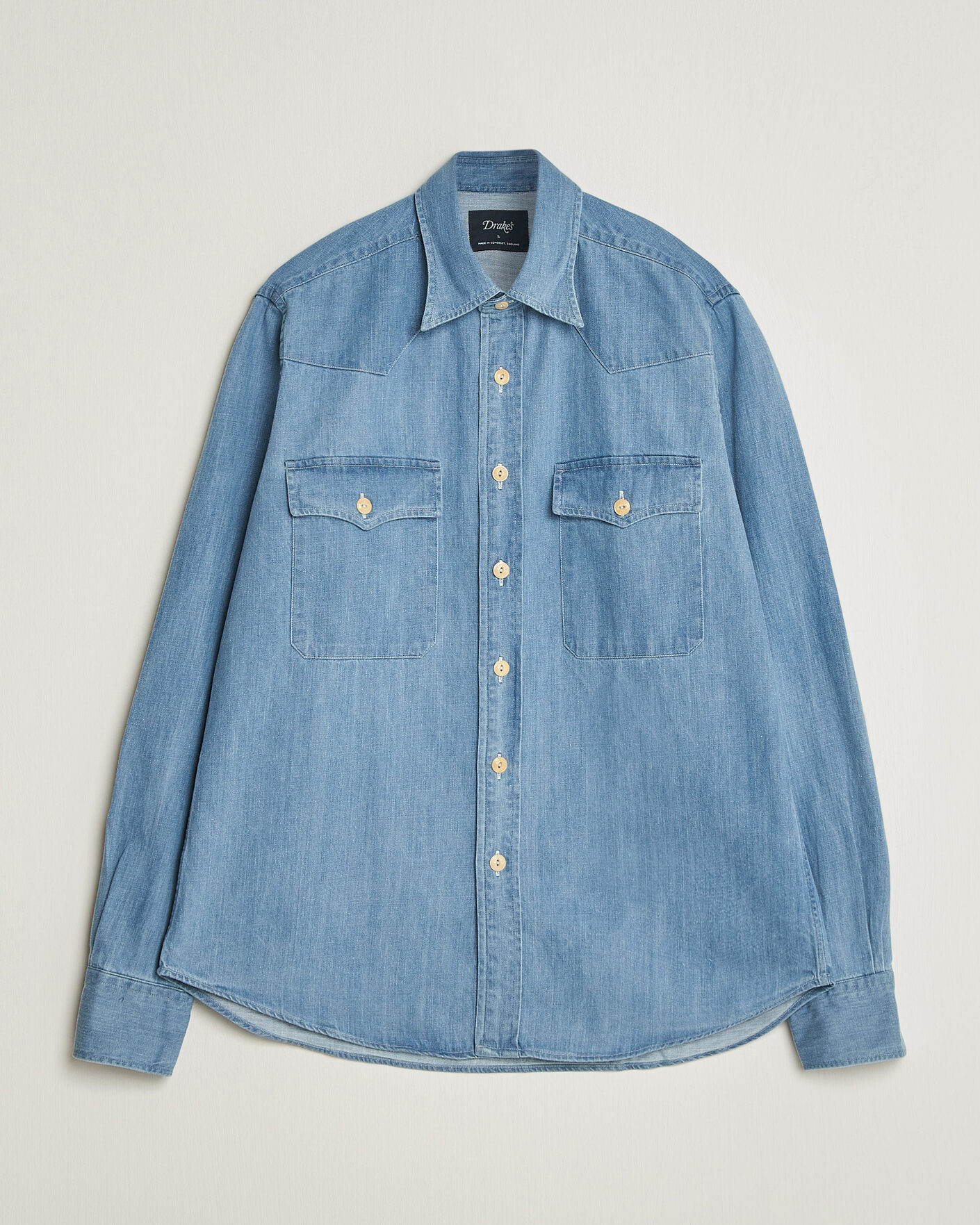 Hombres | Camisas | Drake's | Denim Western Shirt Bleached Blue