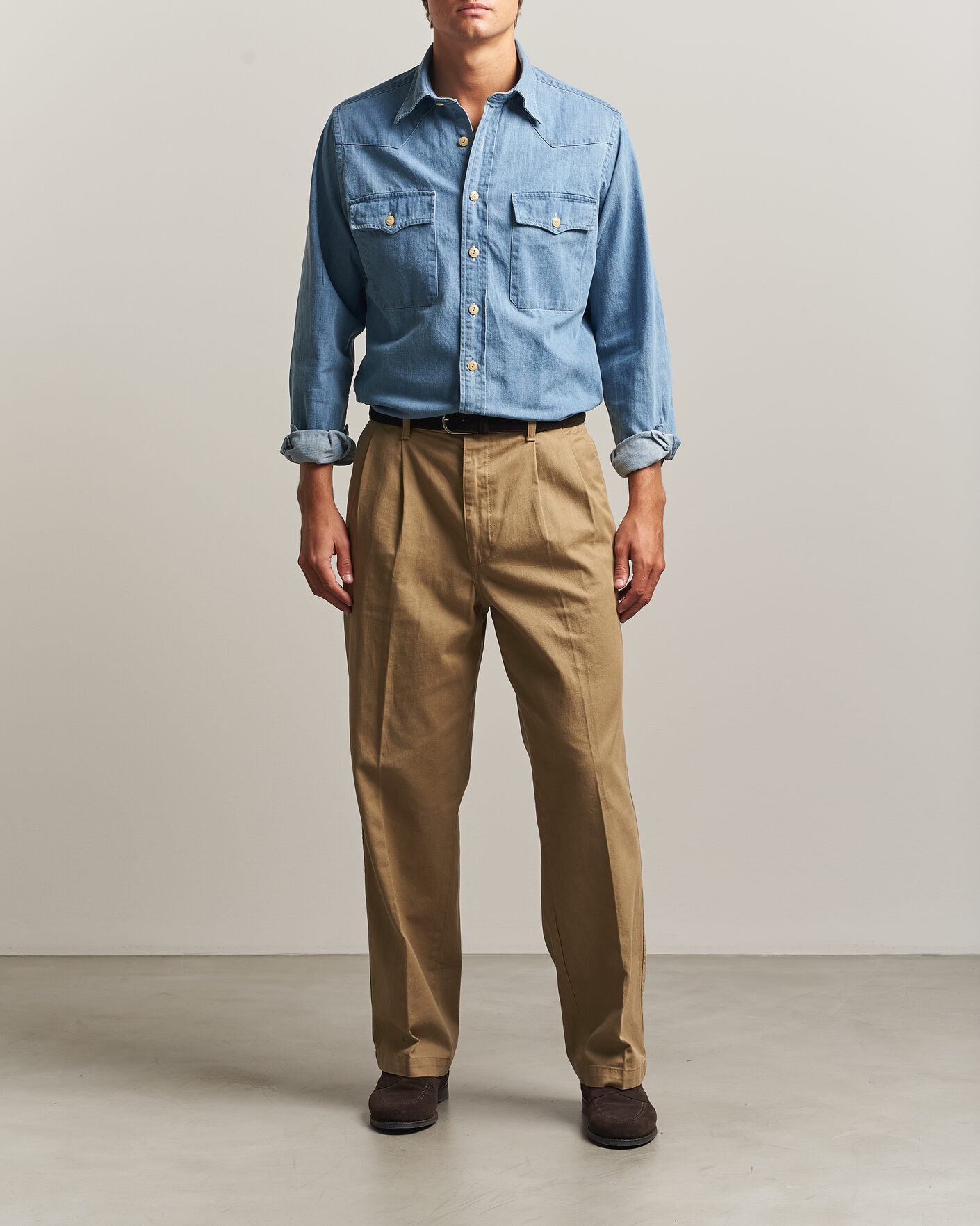 Hombres | Camisas | Drake's | Denim Western Shirt Bleached Blue