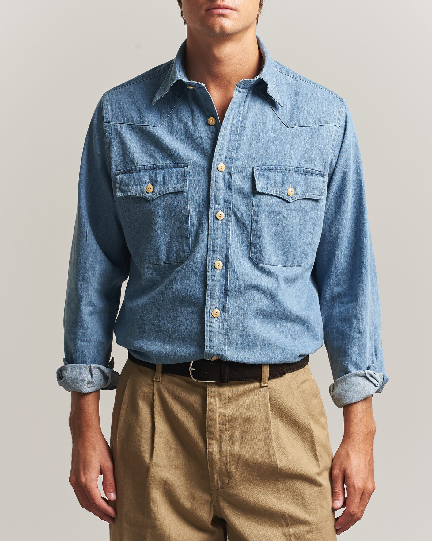 Hombres | Camisas | Drake's | Denim Western Shirt Bleached Blue