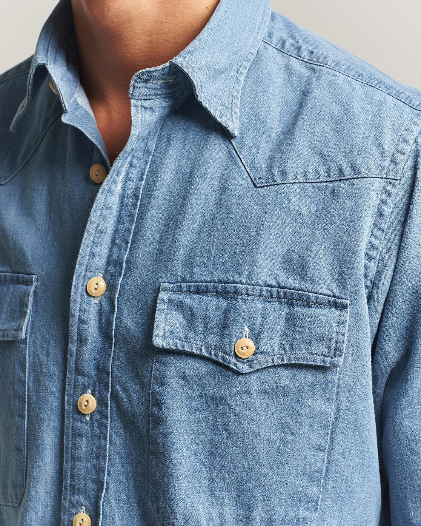 Hombres | Camisas | Drake's | Denim Western Shirt Bleached Blue