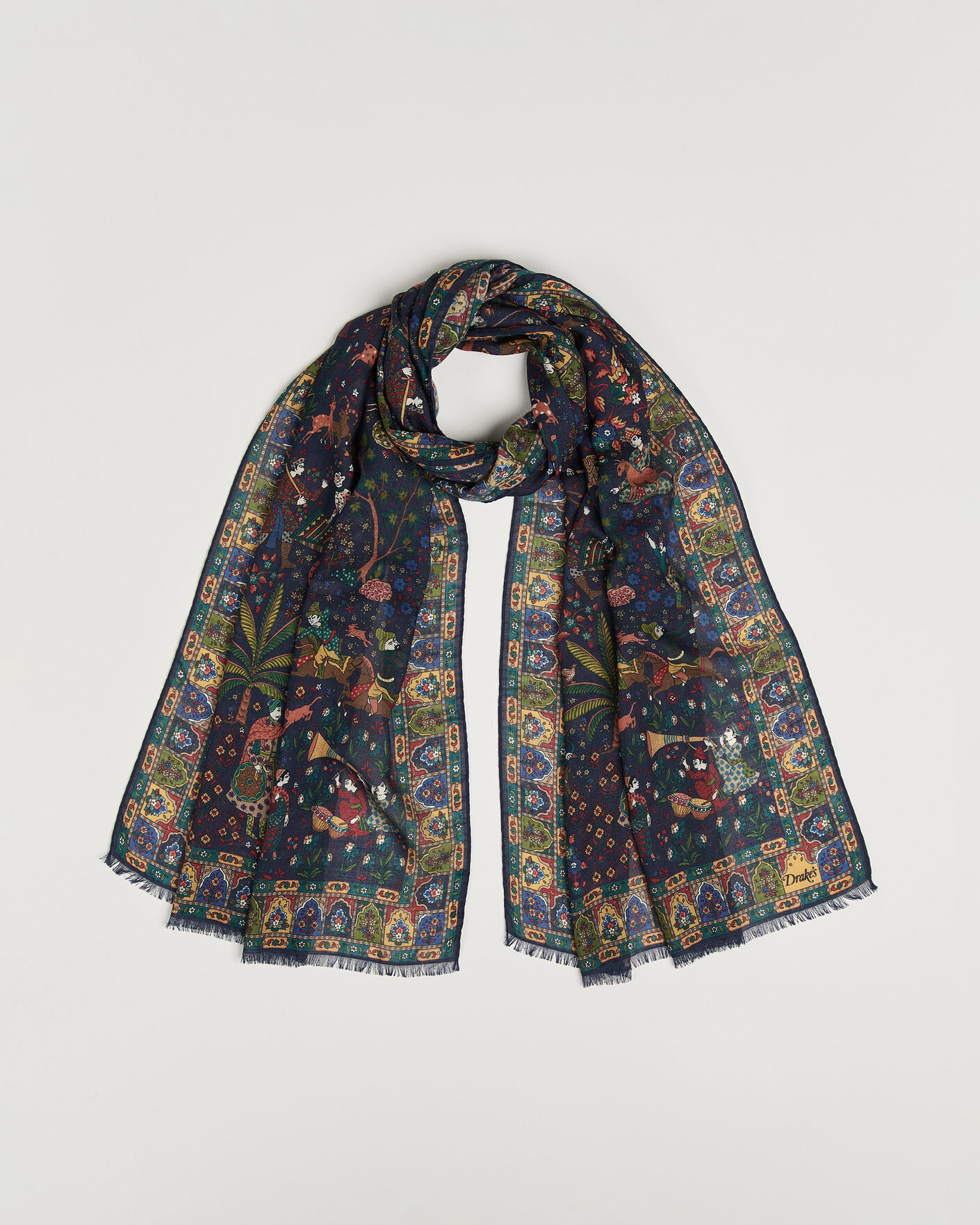 Hombres | Bufandas elegantes | Drake's | Mughal Garden Wool/Silk Scarf Navy