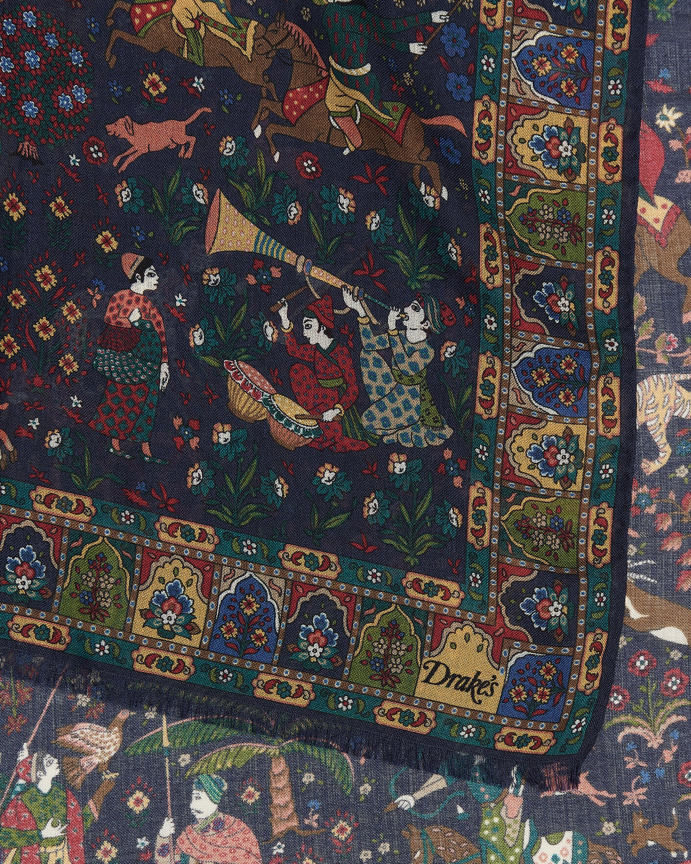 Hombres | Bufandas elegantes | Drake's | Mughal Garden Wool/Silk Scarf Navy