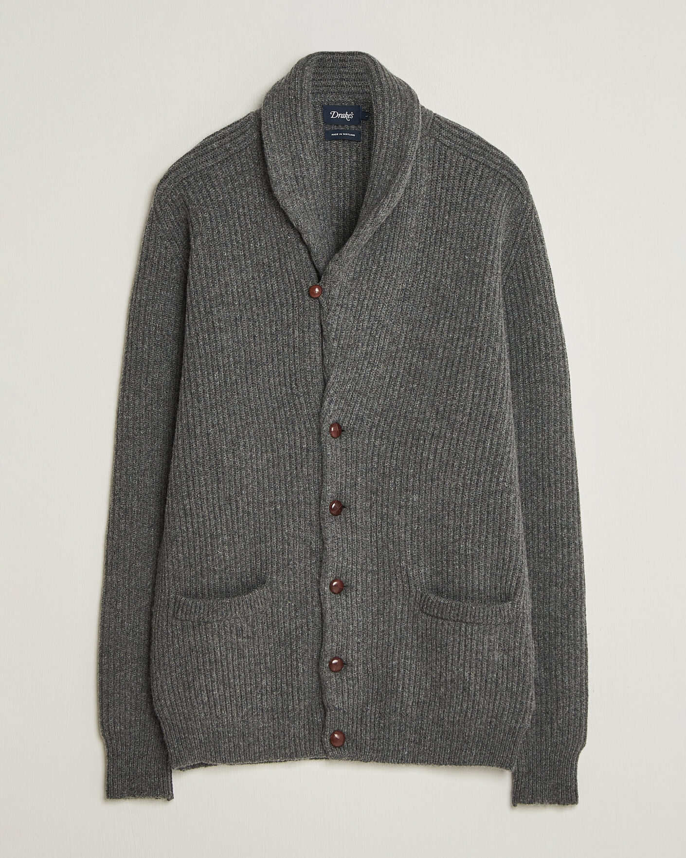 Hombres | Jerséis y prendas de punto | Drake's | Lambswool Shawl Collar Rib Cardigan Grey
