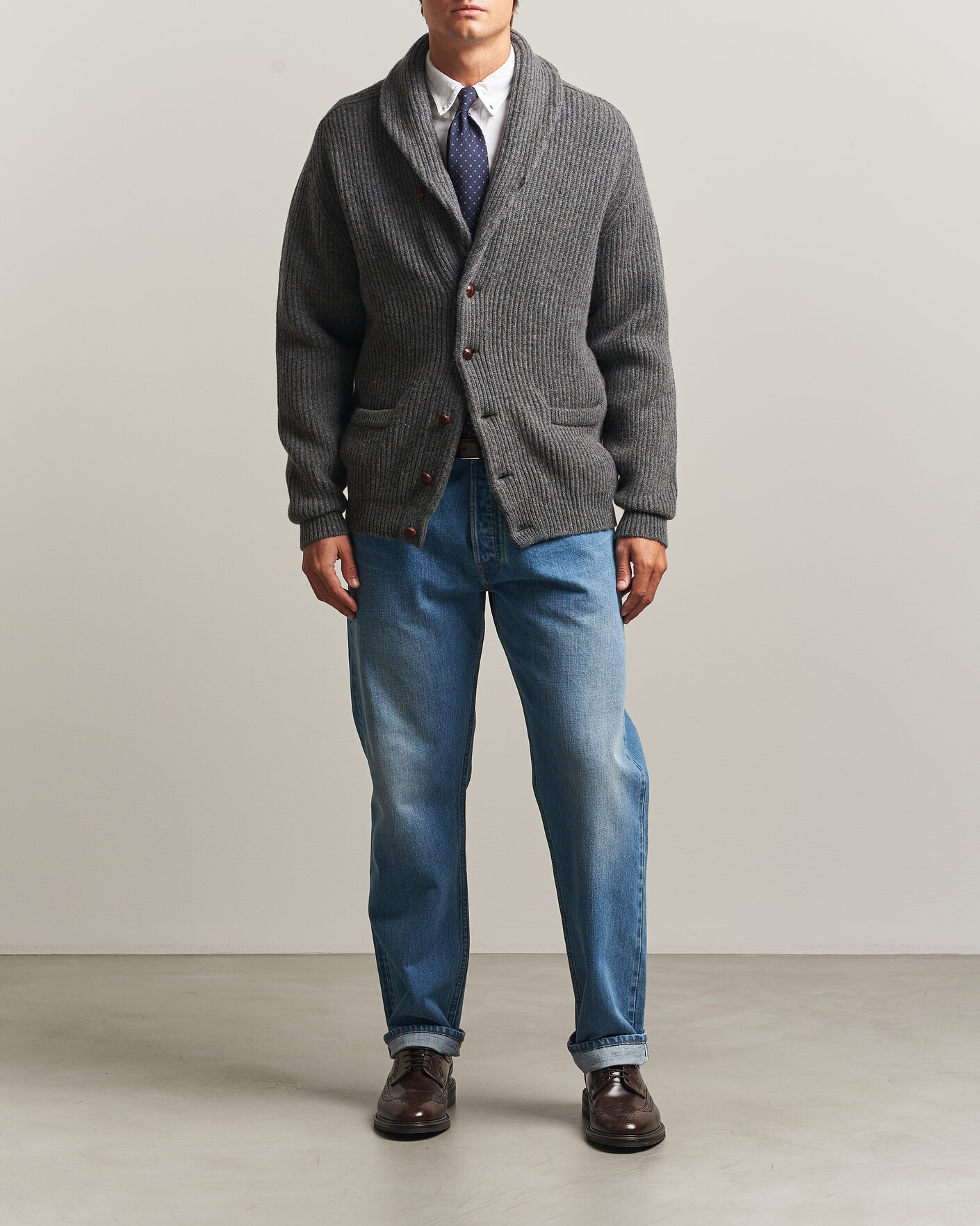 Hombres | Jerséis y prendas de punto | Drake's | Lambswool Shawl Collar Rib Cardigan Grey
