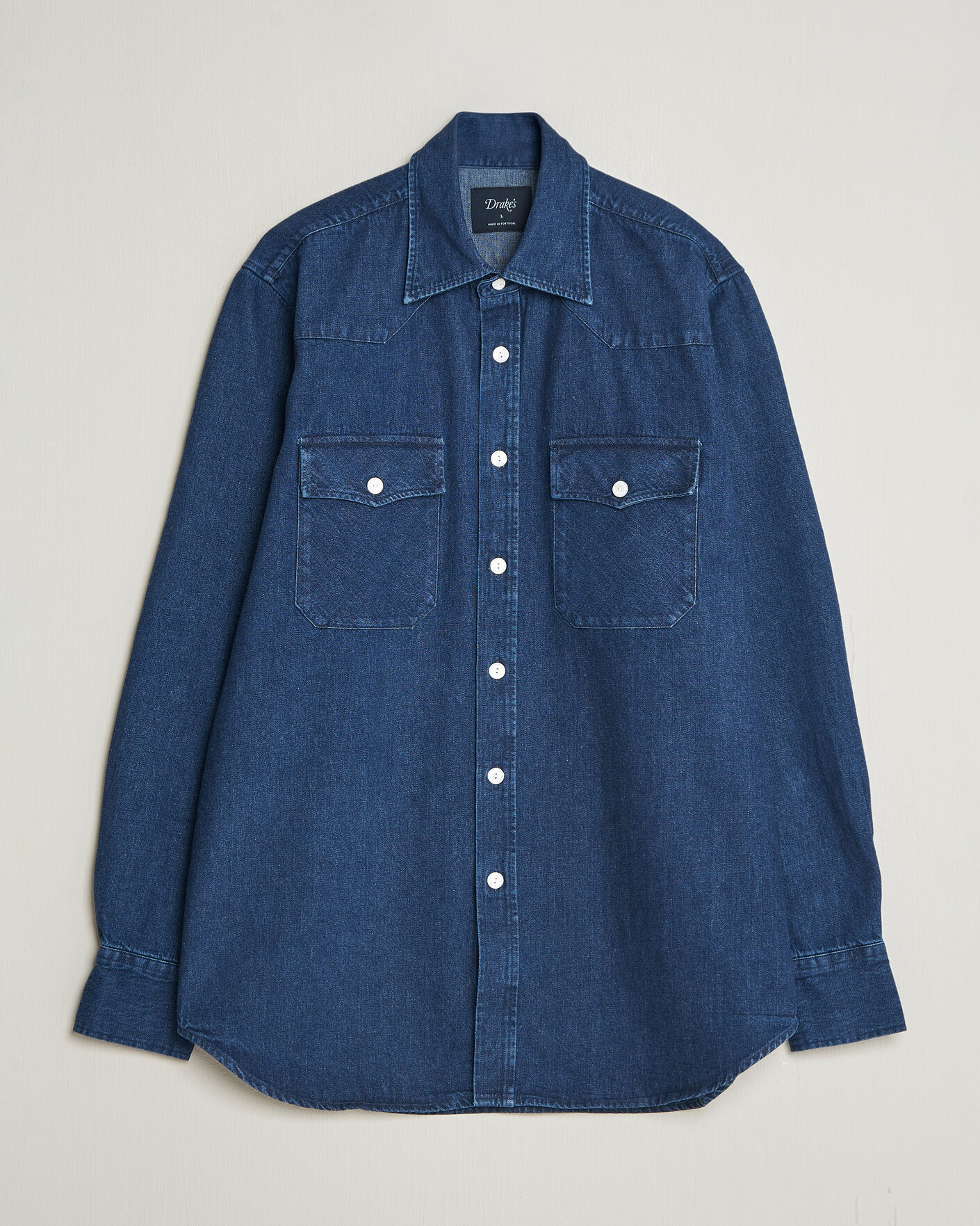 Hombres | Camisas | Drake's | Western Selvedge Denim Shirt Stone Wash Indigo