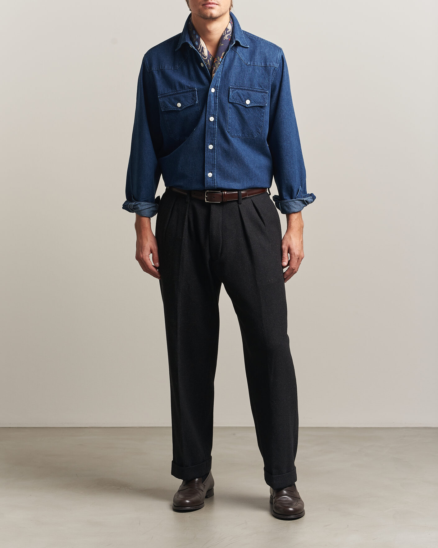 Hombres | Camisas | Drake's | Western Selvedge Denim Shirt Stone Wash Indigo