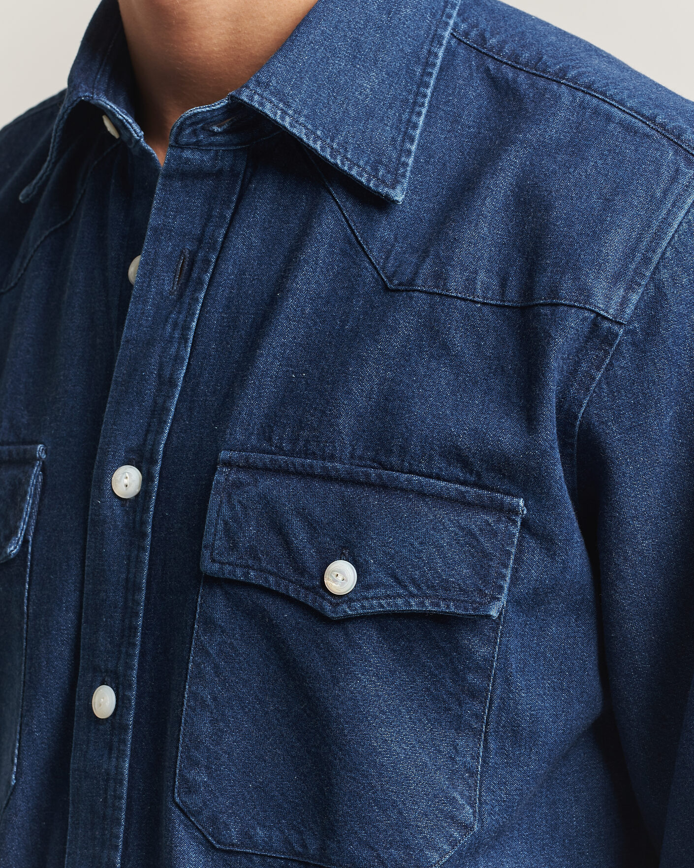 Hombres | Camisas | Drake's | Western Selvedge Denim Shirt Stone Wash Indigo