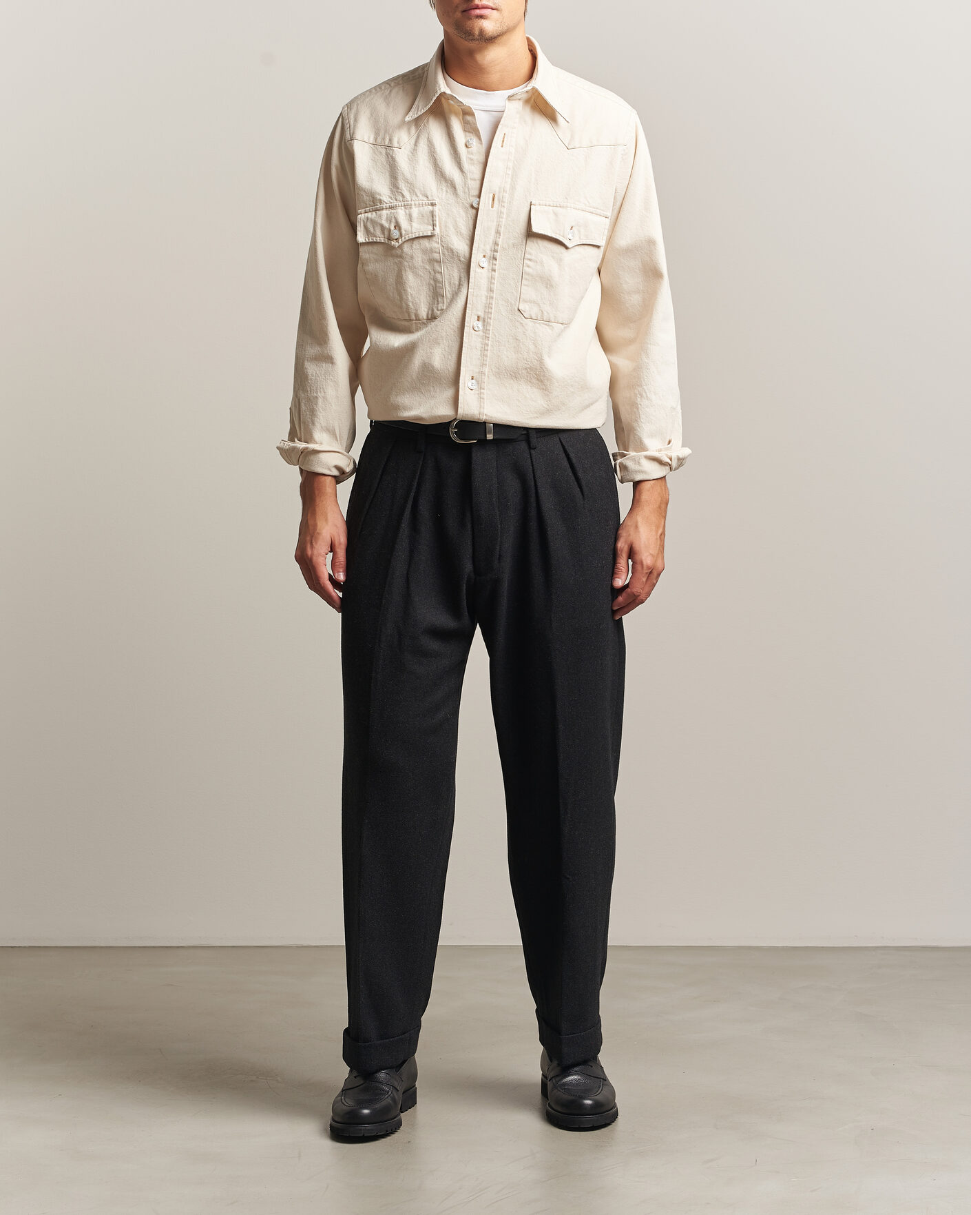 Hombres | Camisas | Drake's | Western Denim Shirt Stone Wash Ecru