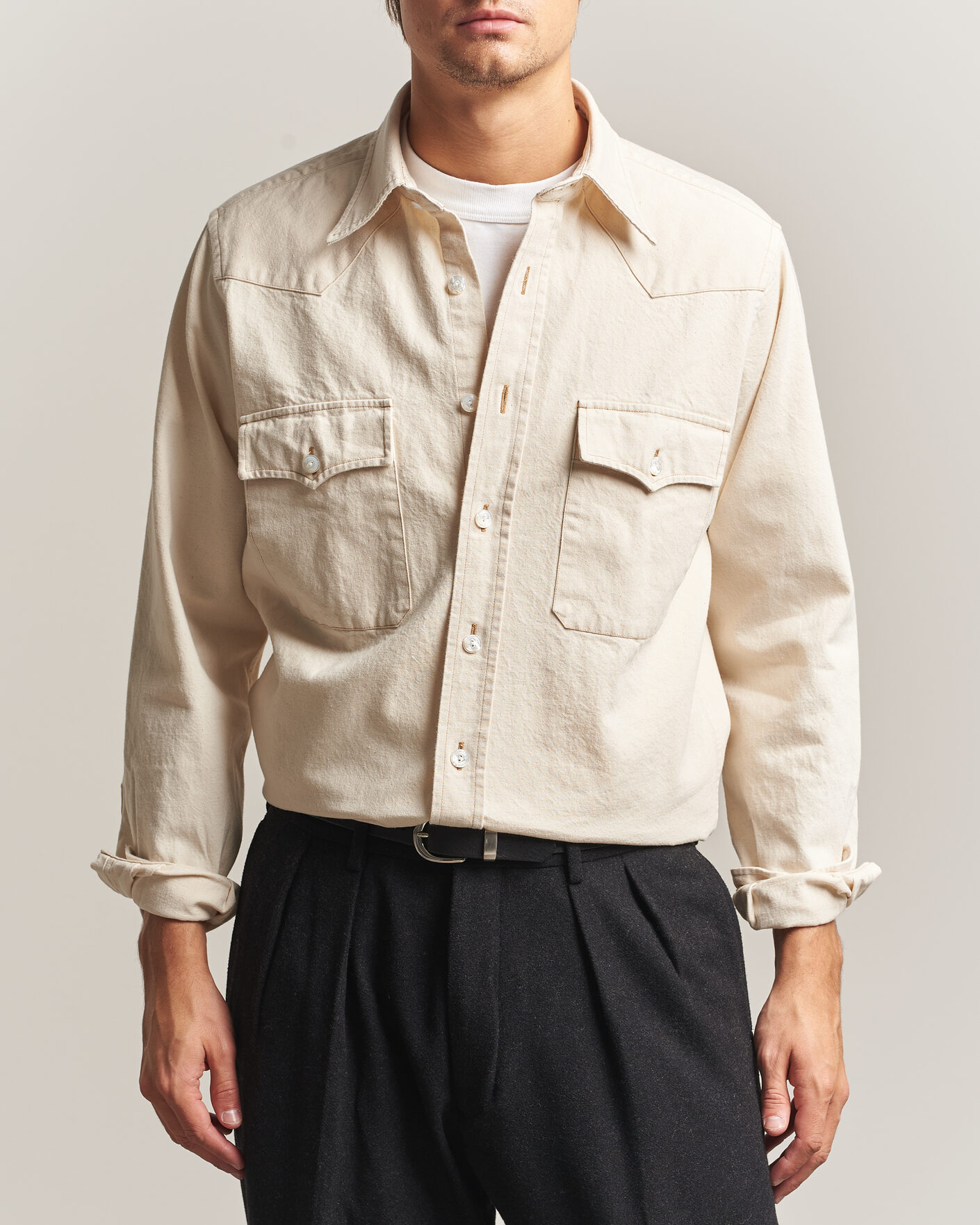 Hombres | Camisas | Drake's | Western Denim Shirt Stone Wash Ecru