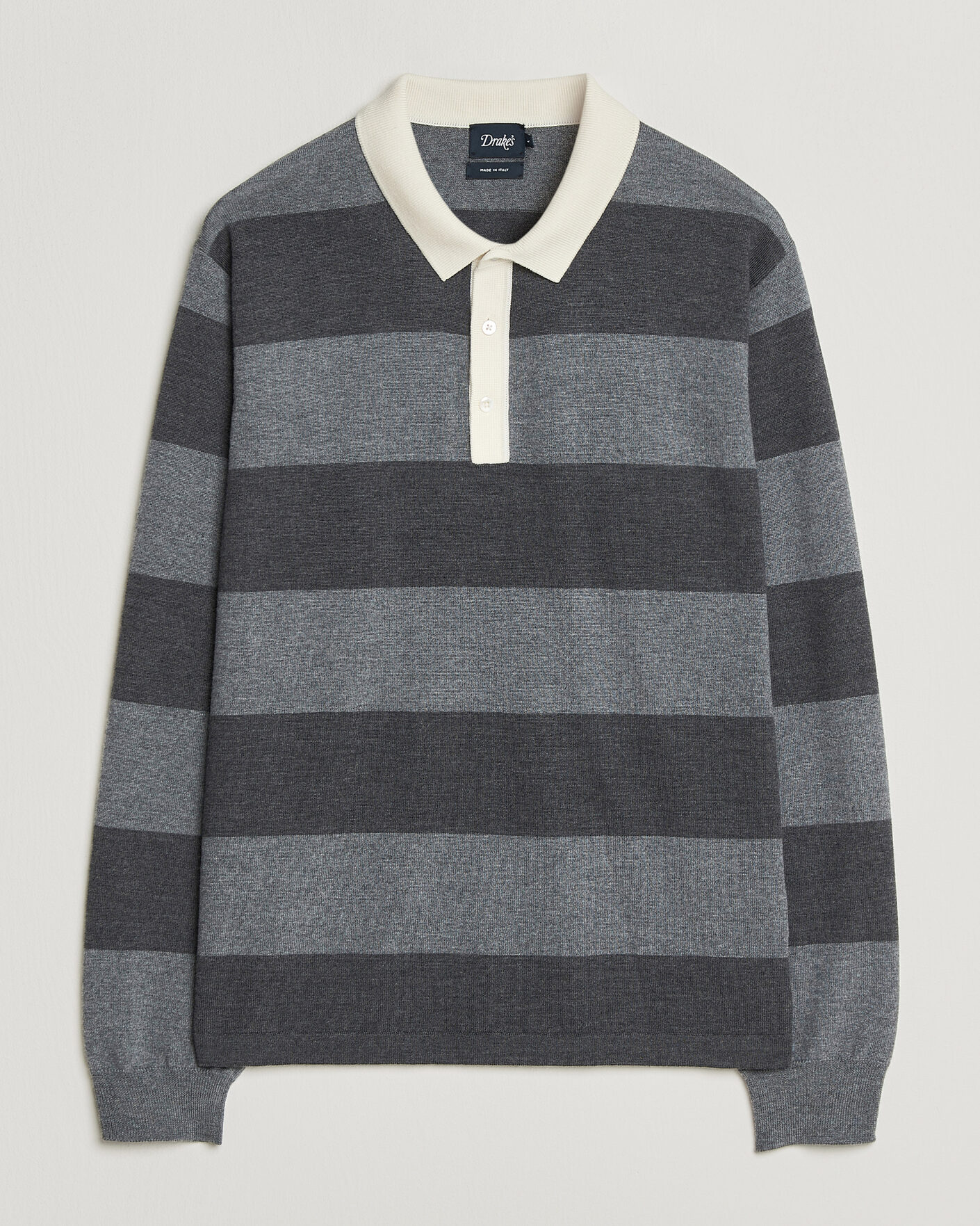 Hombres | Jerséis y prendas de punto | Drake's | Block Stripe Knitted Rugby Mid Grey