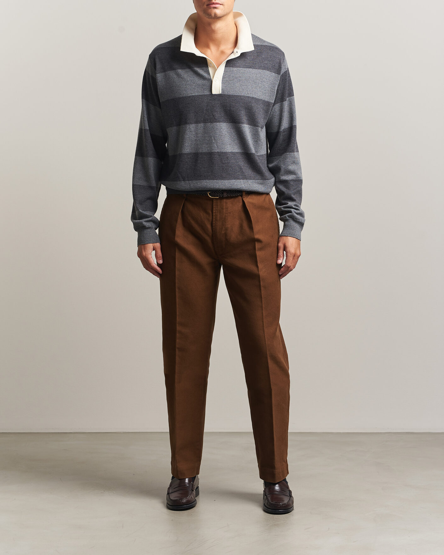 Hombres | Jerséis y prendas de punto | Drake's | Block Stripe Knitted Rugby Mid Grey