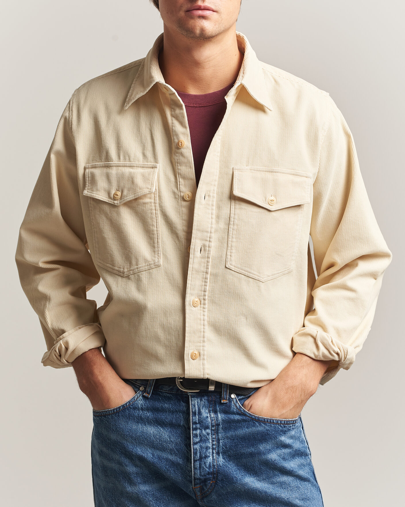 Hombres | Camisas | Drake's | Two Pocket Corduroy Shirt Ecru