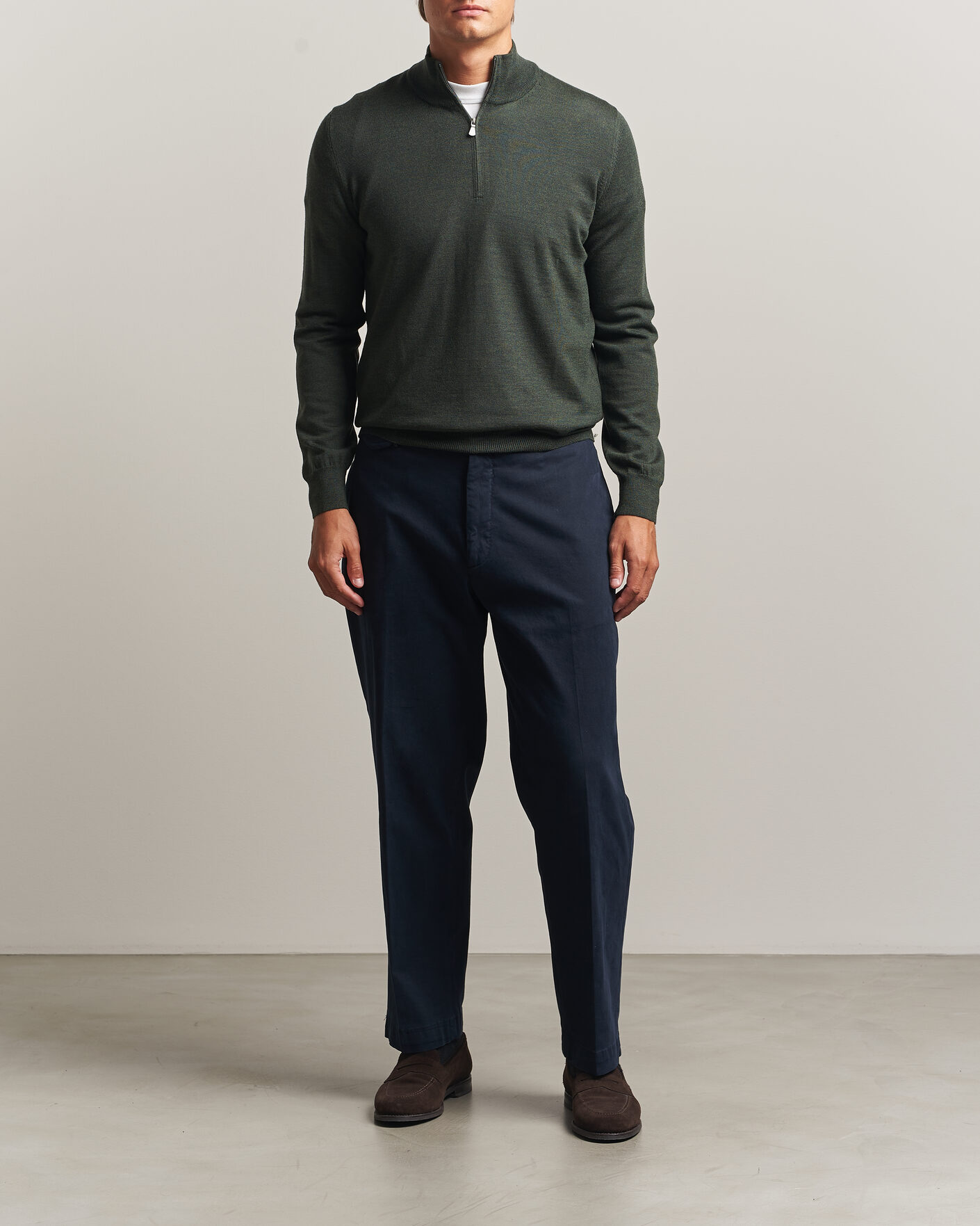 Hombres | Jerséis y prendas de punto | Gran Sasso | Merino Fashion Fit Half Zip Olive Melange