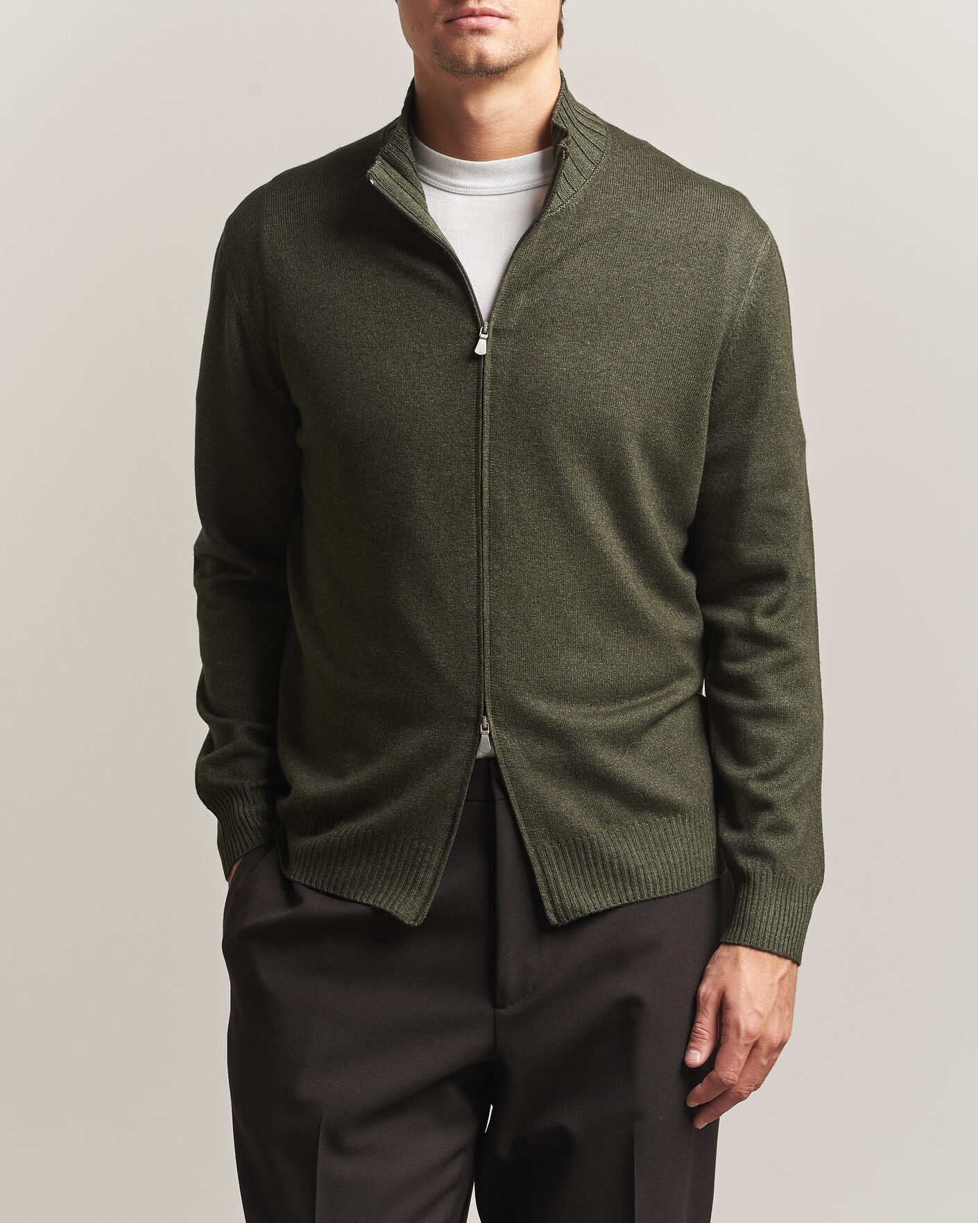 Hombres | Jerséis y prendas de punto | Gran Sasso | Wool/Cashmere Washed Full Zip Olive Melange