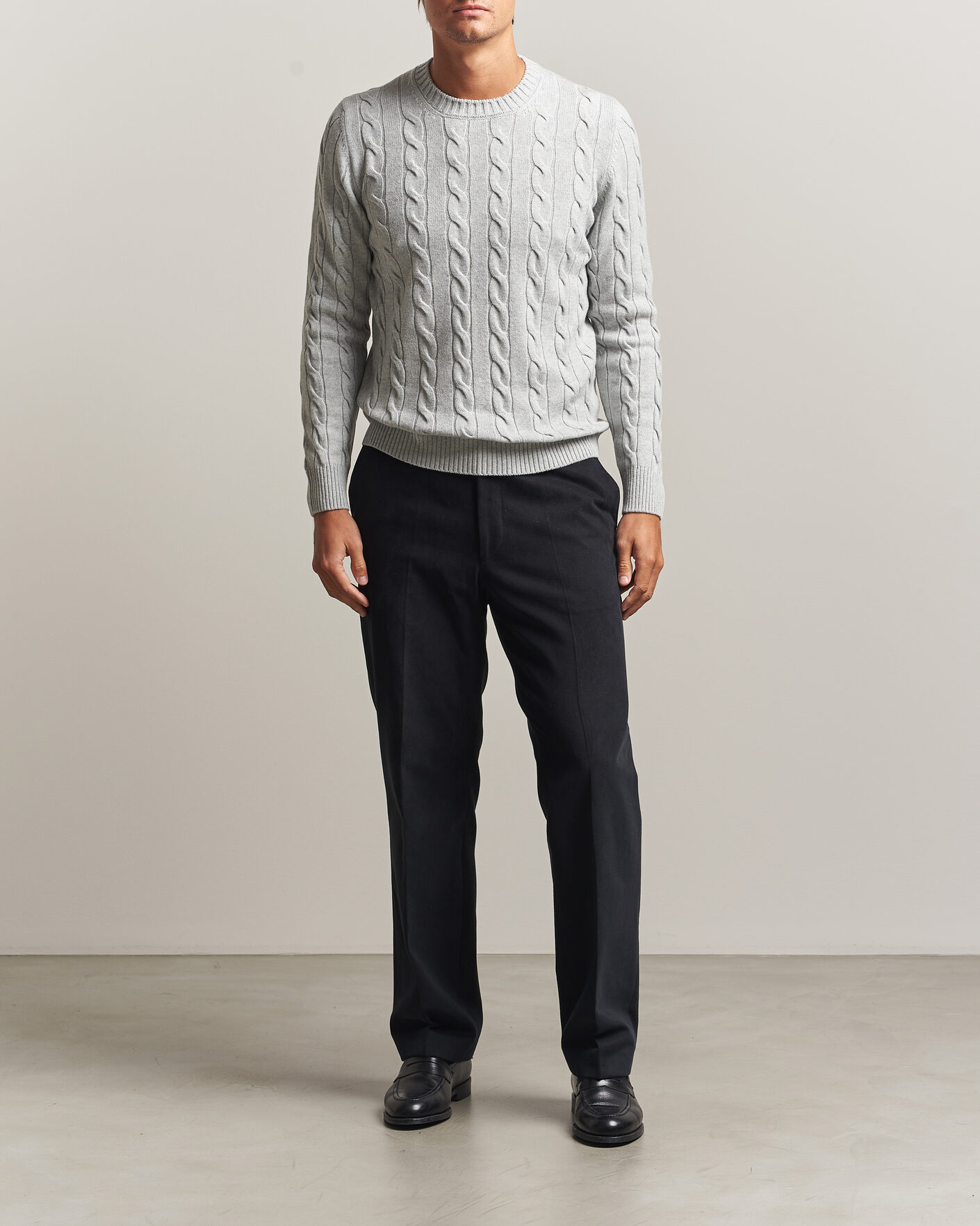 Hombres | Jerséis y prendas de punto | Gran Sasso | Wool/Cashmere Cable Crew Neck Light Grey Melange