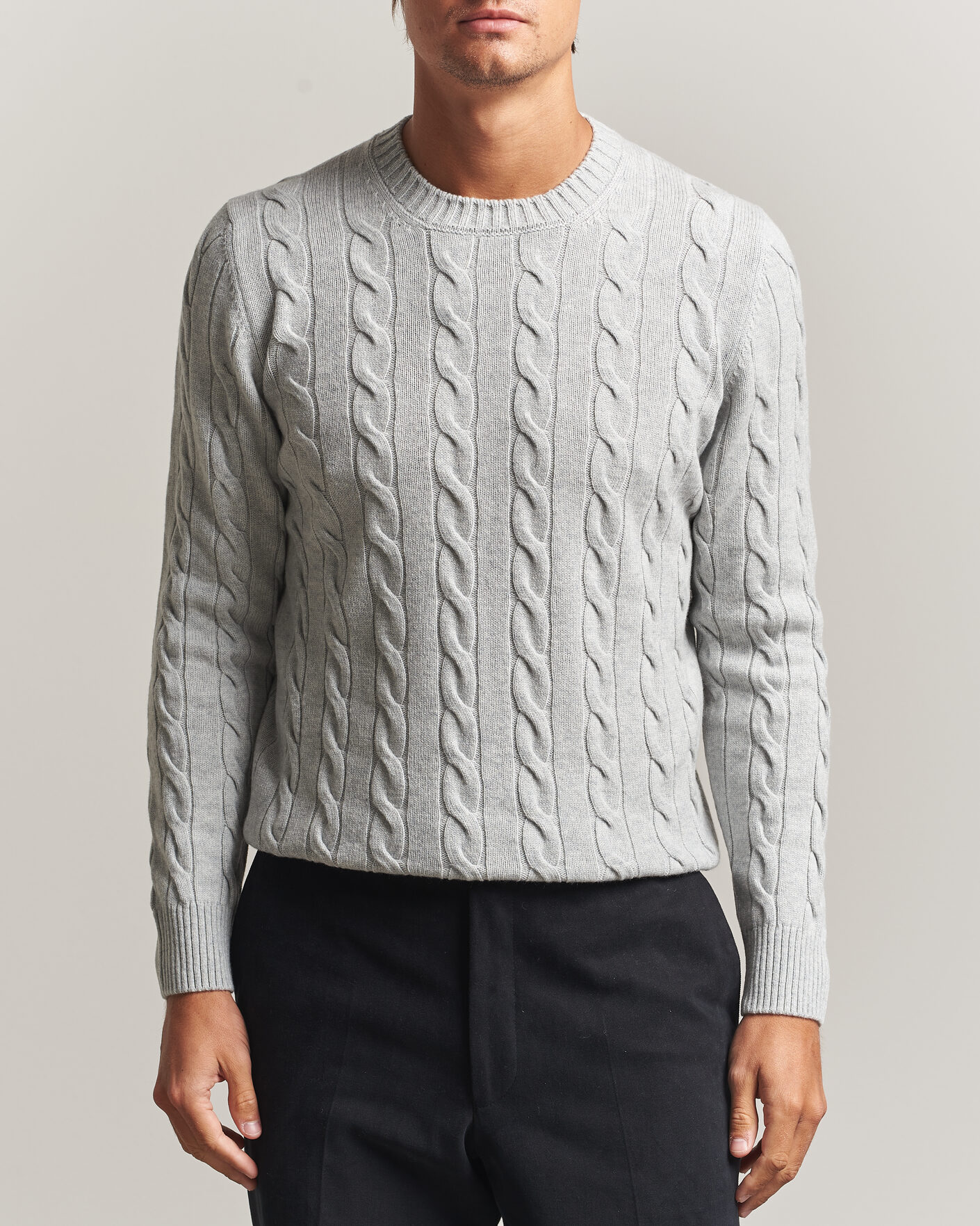 Hombres | Jerséis y prendas de punto | Gran Sasso | Wool/Cashmere Cable Crew Neck Light Grey Melange