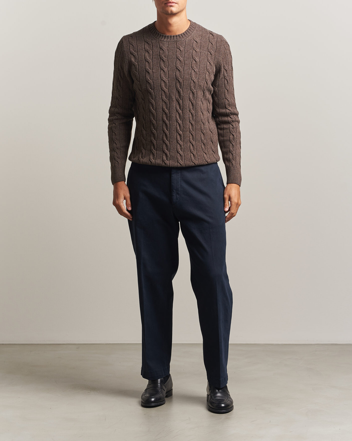 Hombres | Jerséis y prendas de punto | Gran Sasso | Wool/Cashmere Cable Crew Neck Dark Brown Melange