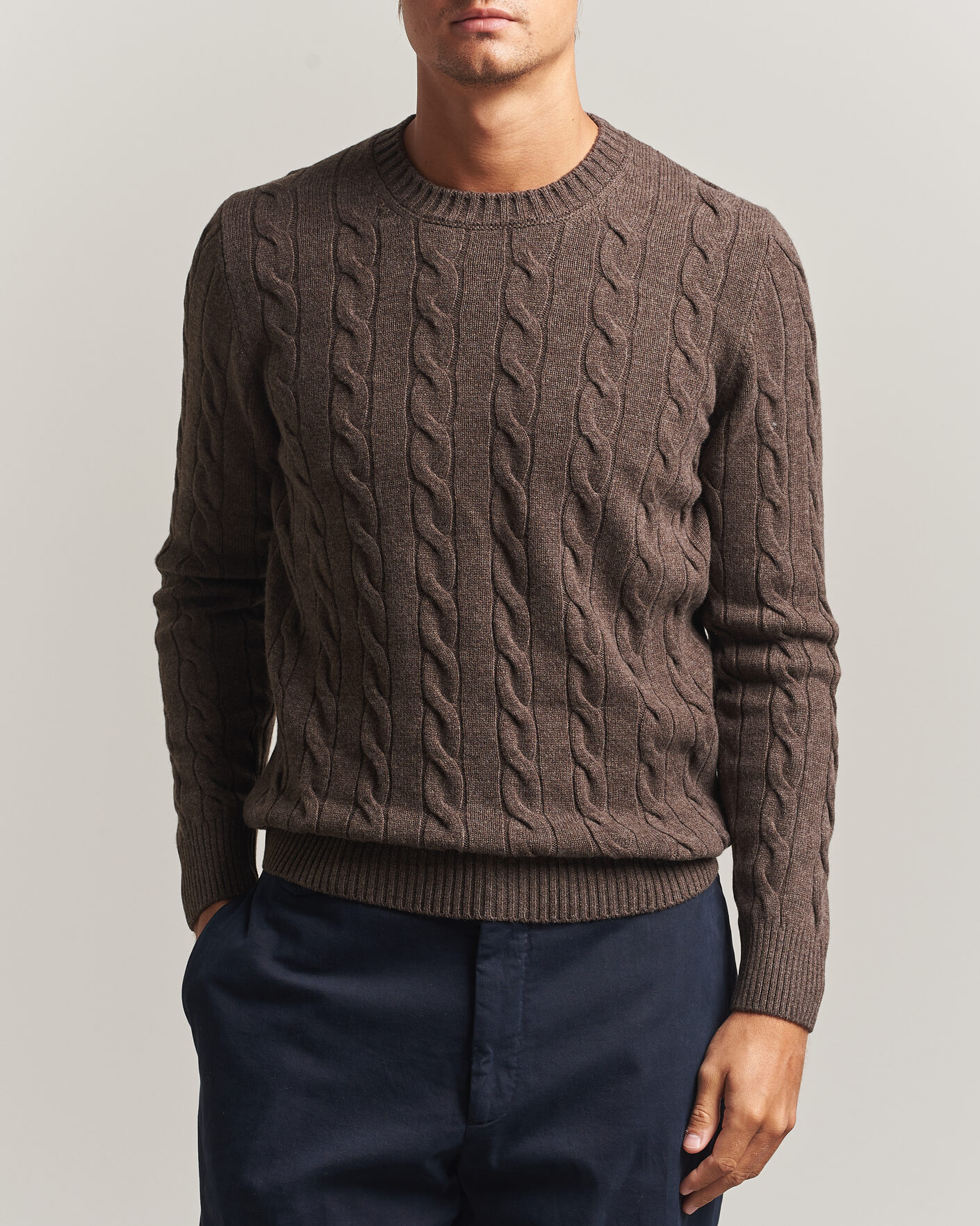 Hombres | Jerséis y prendas de punto | Gran Sasso | Wool/Cashmere Cable Crew Neck Dark Brown Melange