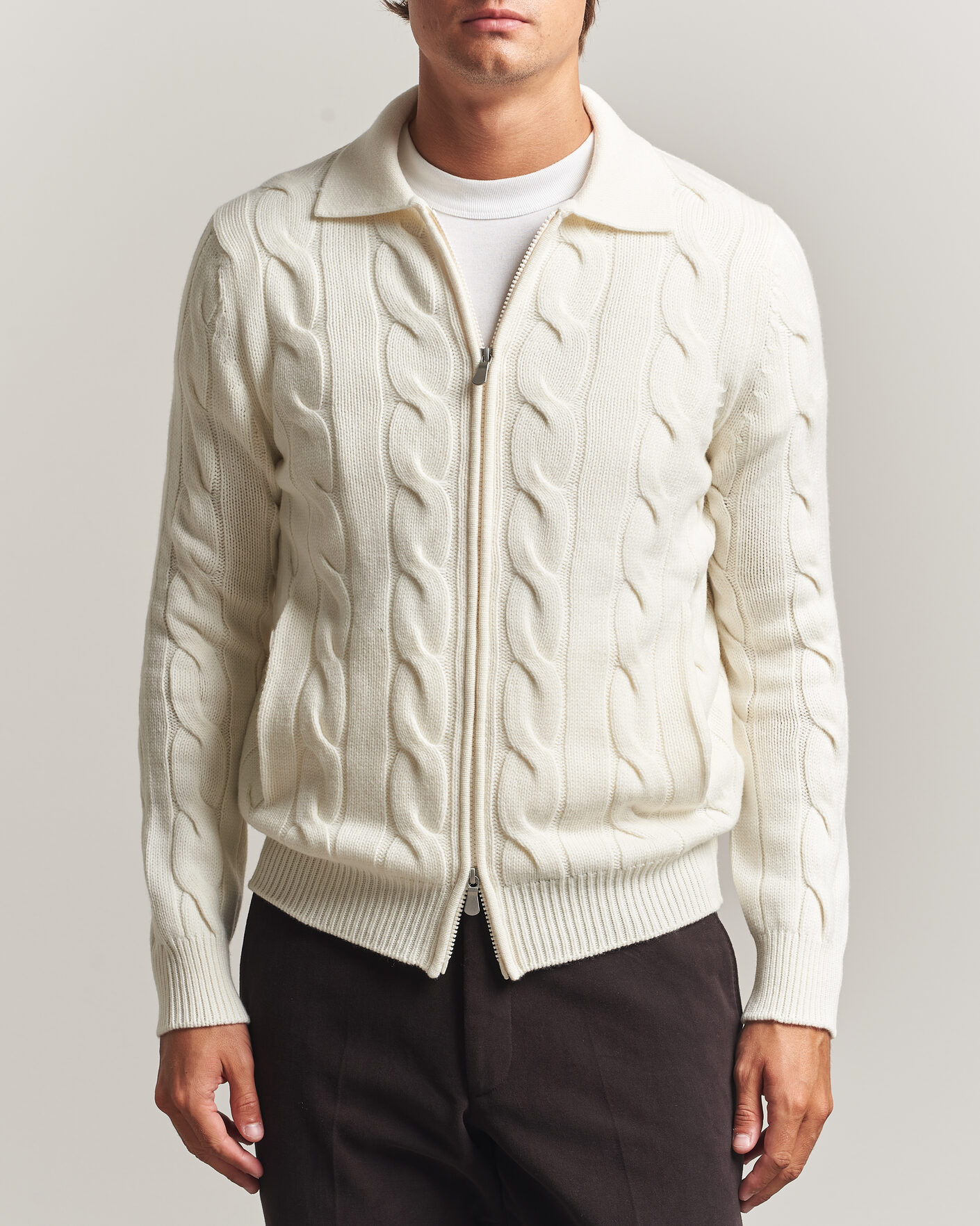 Hombres | Jerséis y prendas de punto | Gran Sasso | Wool/Cashmere Cable Full Zip Cream