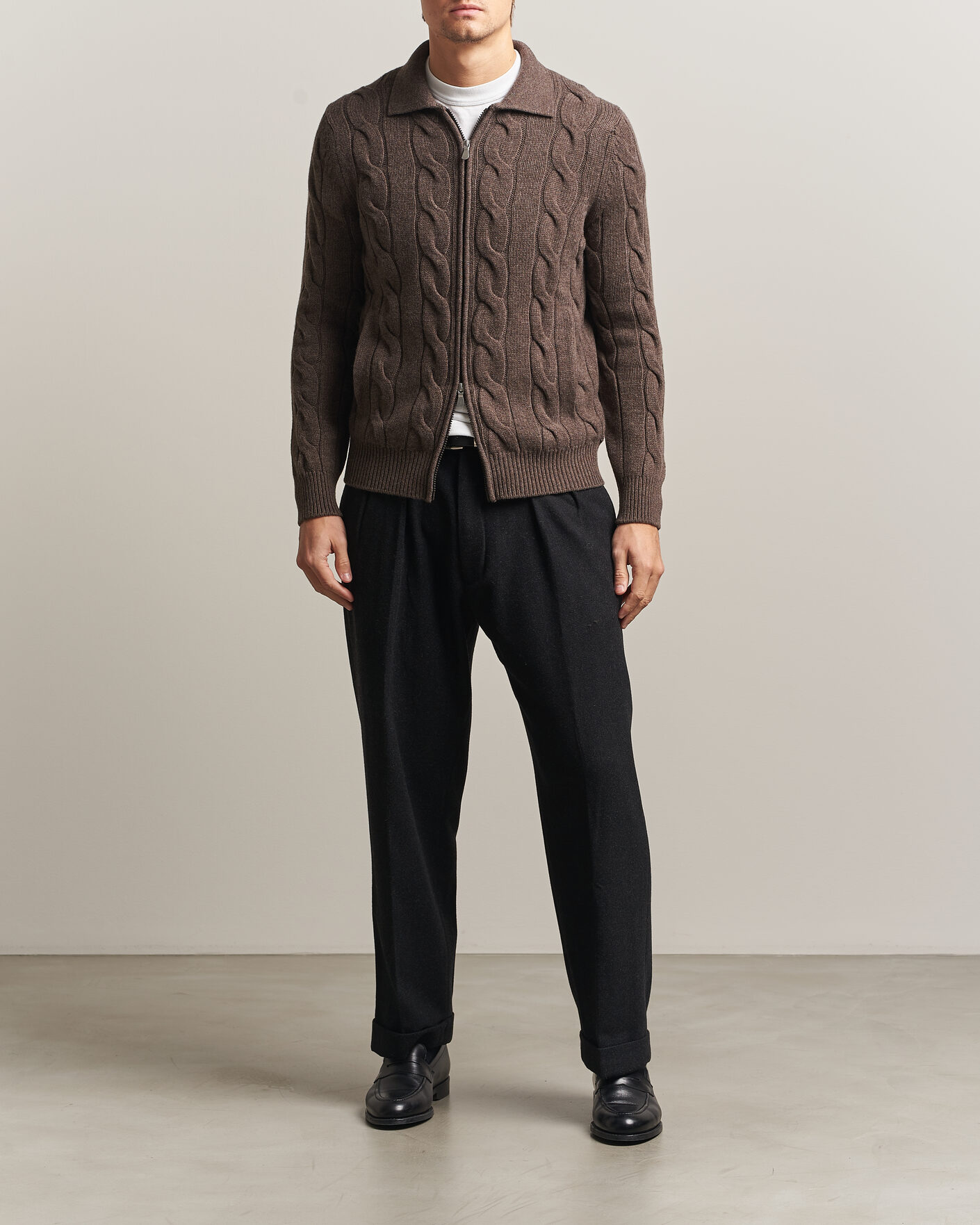 Hombres | Jerséis y prendas de punto | Gran Sasso | Wool/Cashmere Cable Full Zip Dark Brown Melange