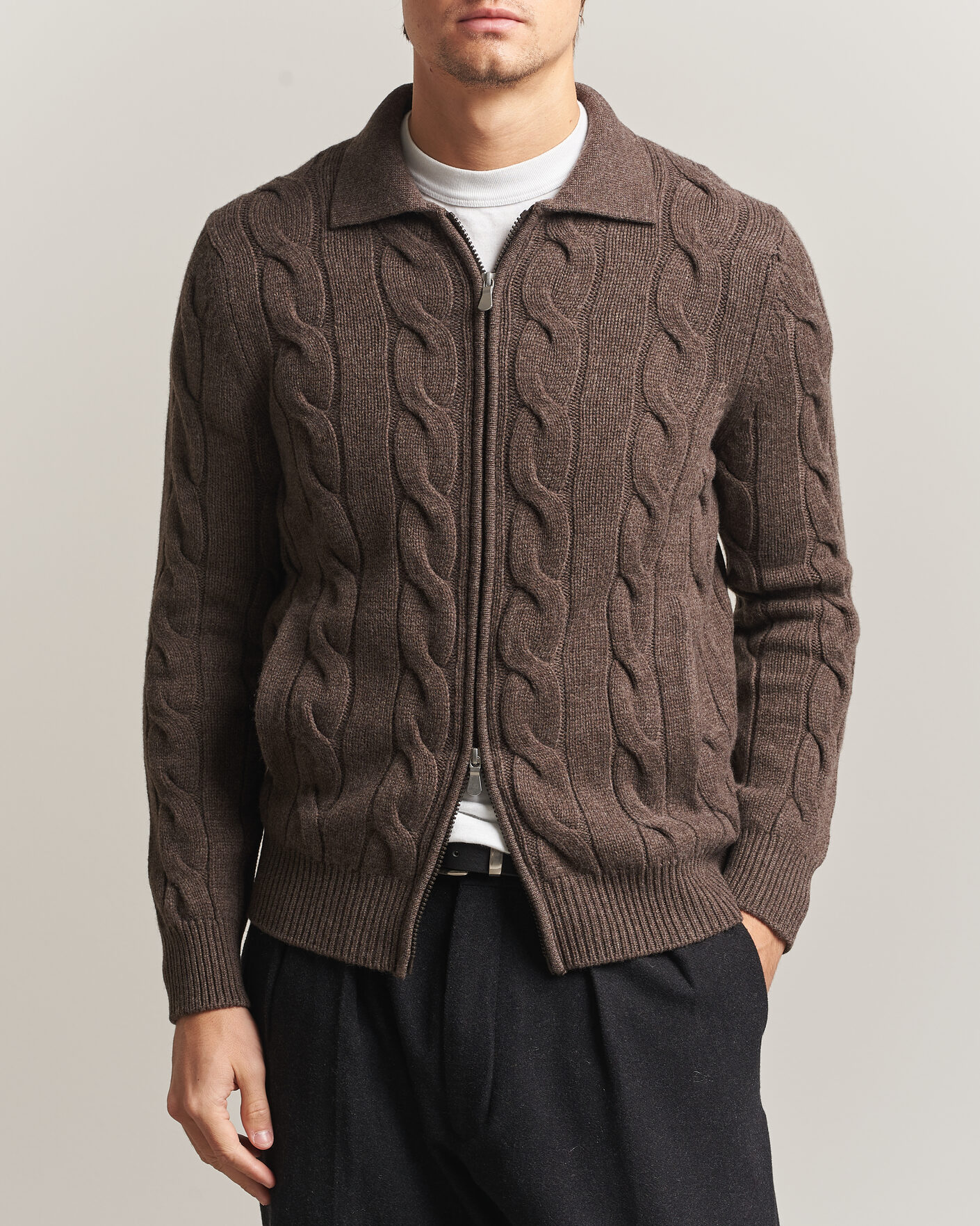 Hombres | Jerséis y prendas de punto | Gran Sasso | Wool/Cashmere Cable Full Zip Dark Brown Melange
