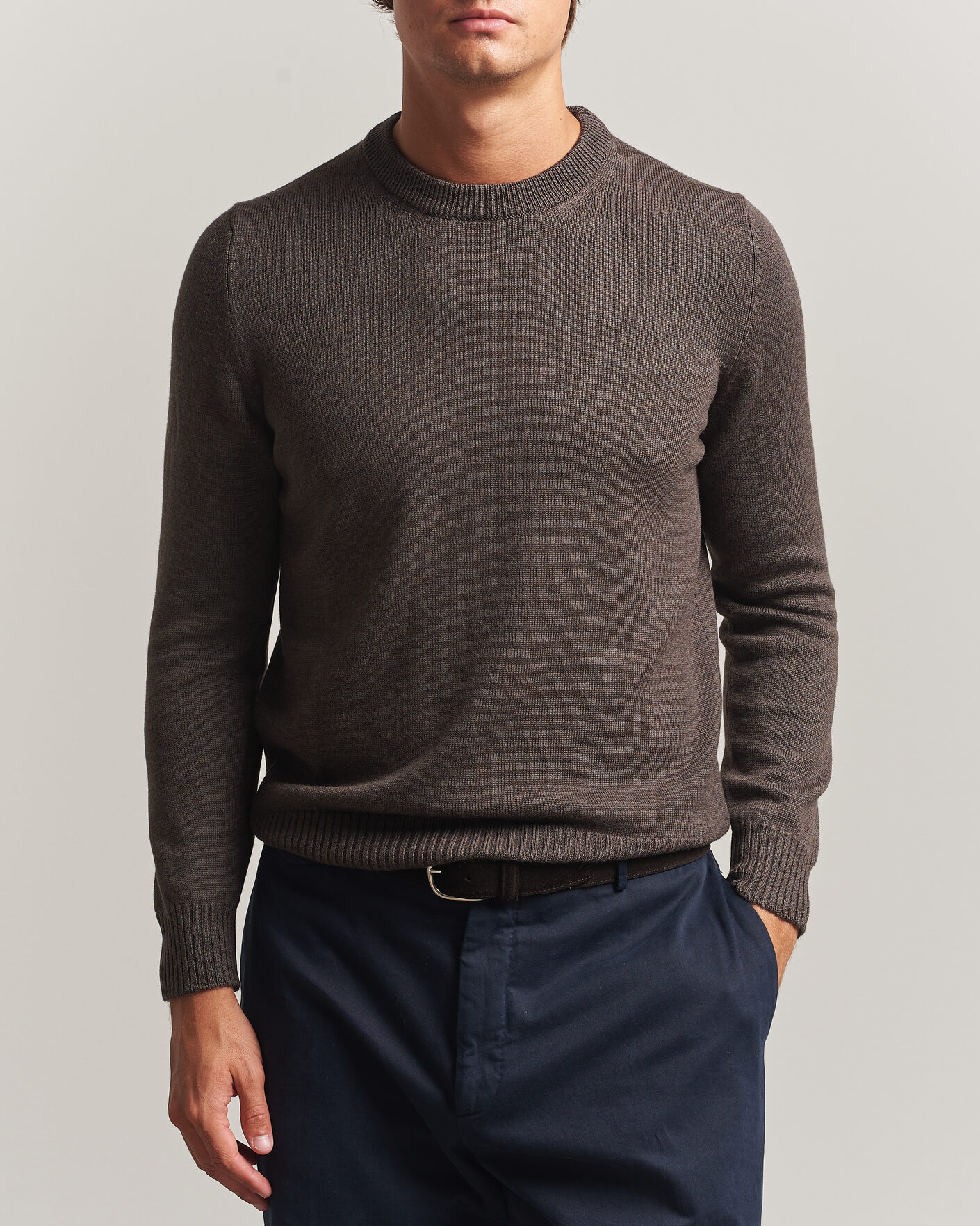 Hombres | Jerséis y prendas de punto | Gran Sasso | Merino Knitted Crew Neck Brown Melange