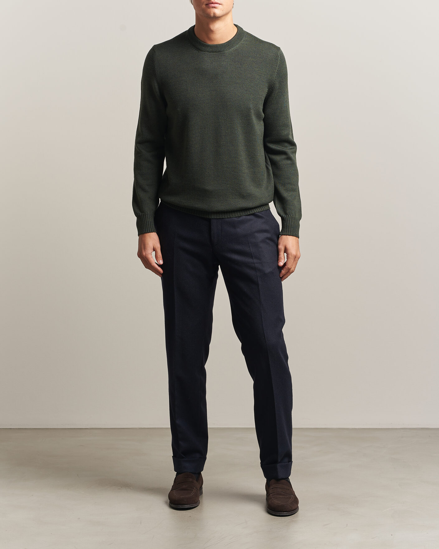 Hombres | Jerséis y prendas de punto | Gran Sasso | Merino Knitted Crew Neck Olive Melange