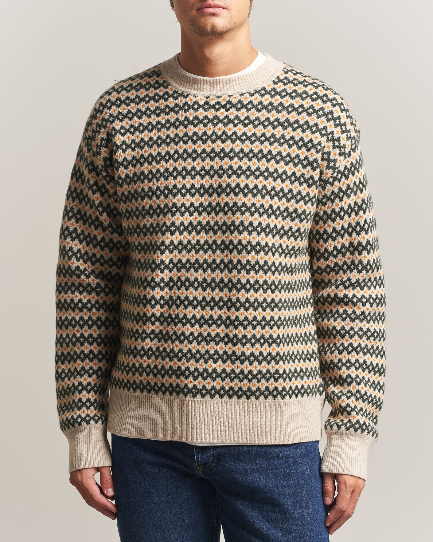 Hombres | Jerséis y prendas de punto | KnowledgeCotton Apparel | Lambswool Jaquard Sweater Green