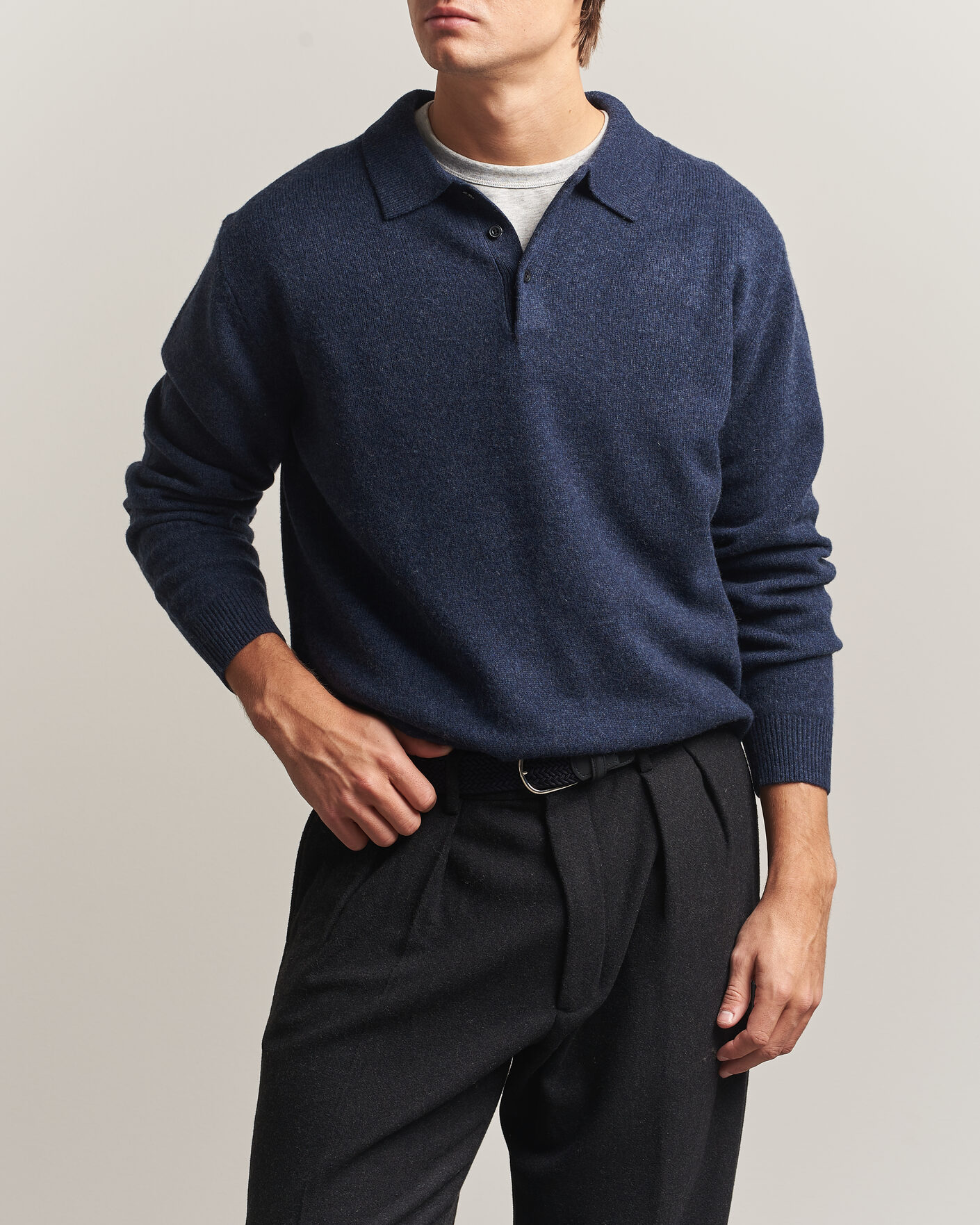 Hombres | Jerséis y prendas de punto | BEAMS PLUS | Knitted Wool Polo Navy