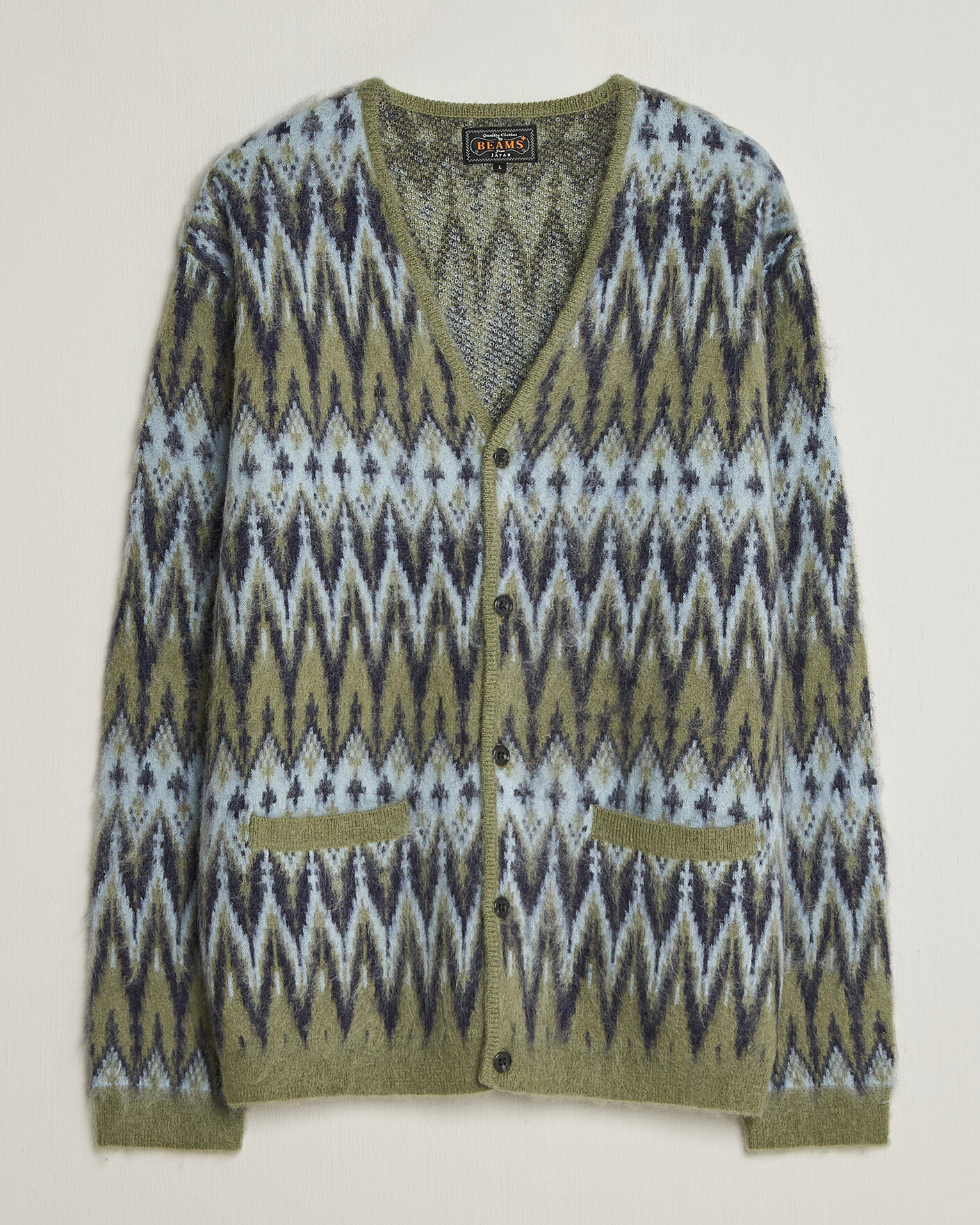 Hombres | Jerséis y prendas de punto | BEAMS PLUS | Chevron Jacquard Cardigan Green/Grey