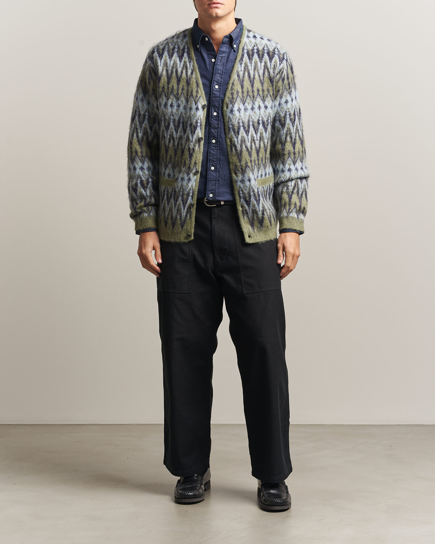 Hombres | Jerséis y prendas de punto | BEAMS PLUS | Chevron Jacquard Cardigan Green/Grey