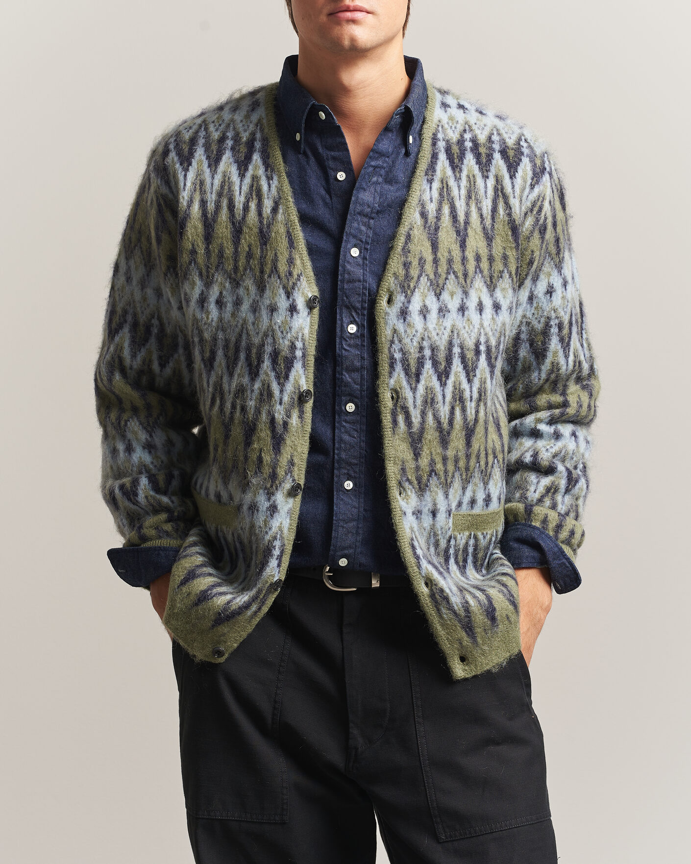 Hombres | Jerséis y prendas de punto | BEAMS PLUS | Chevron Jacquard Cardigan Green/Grey