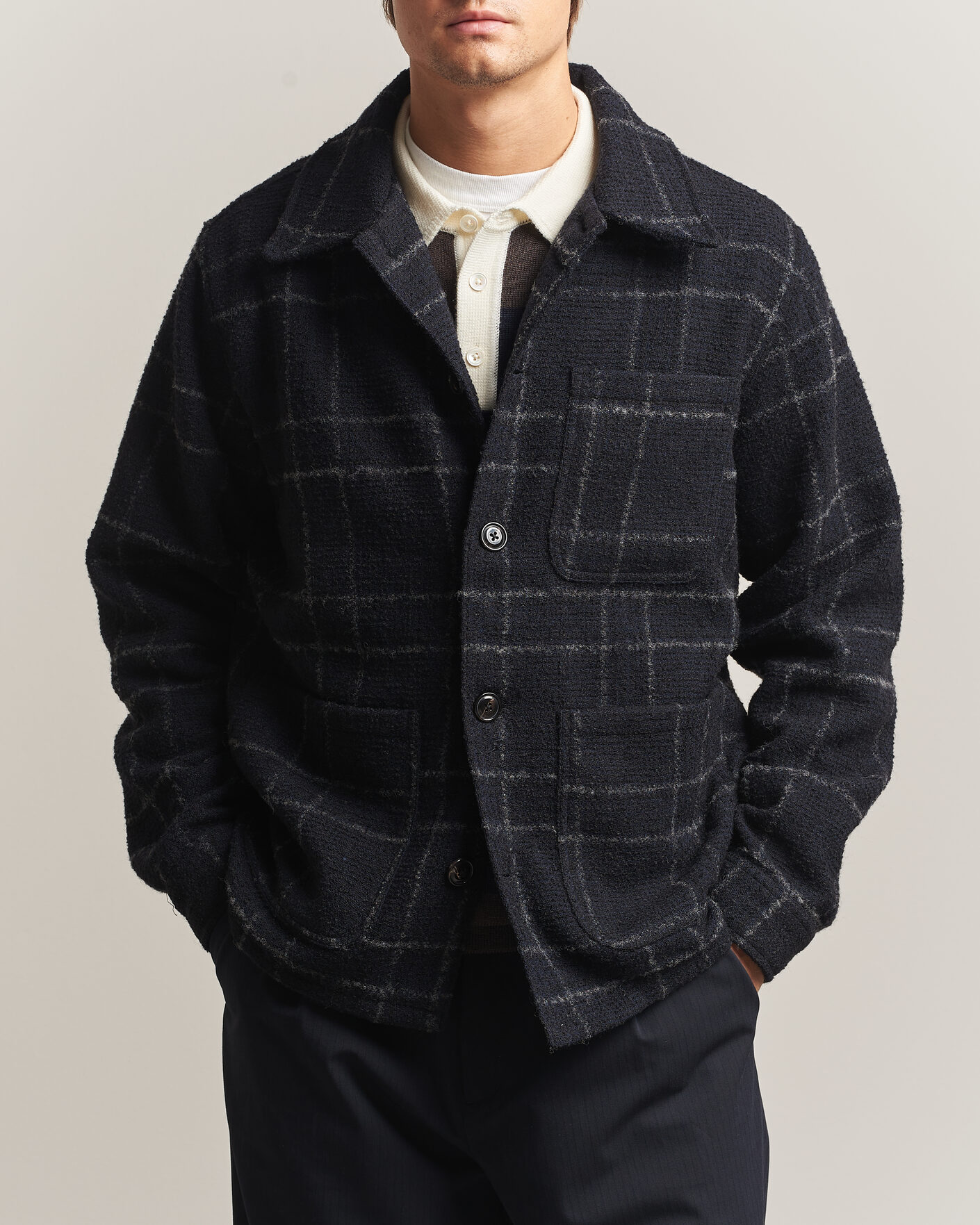 Hombres | Camisas | A Day's March | Algot Wool Checked Overshirt Navy