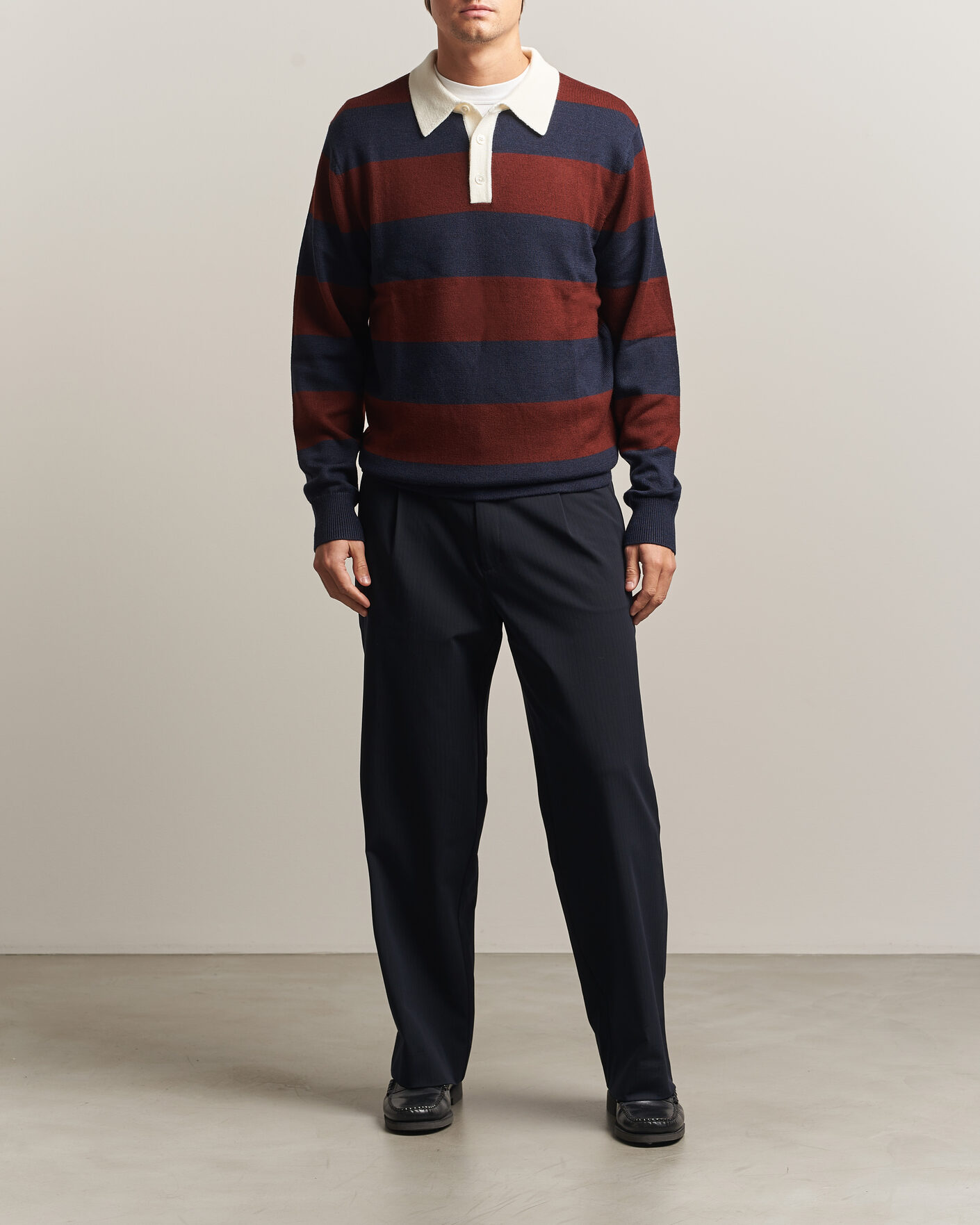 Hombres | Jerséis y prendas de punto | A Day's March | Kenny Striped Merino Rugby Sweater Rust/Navy