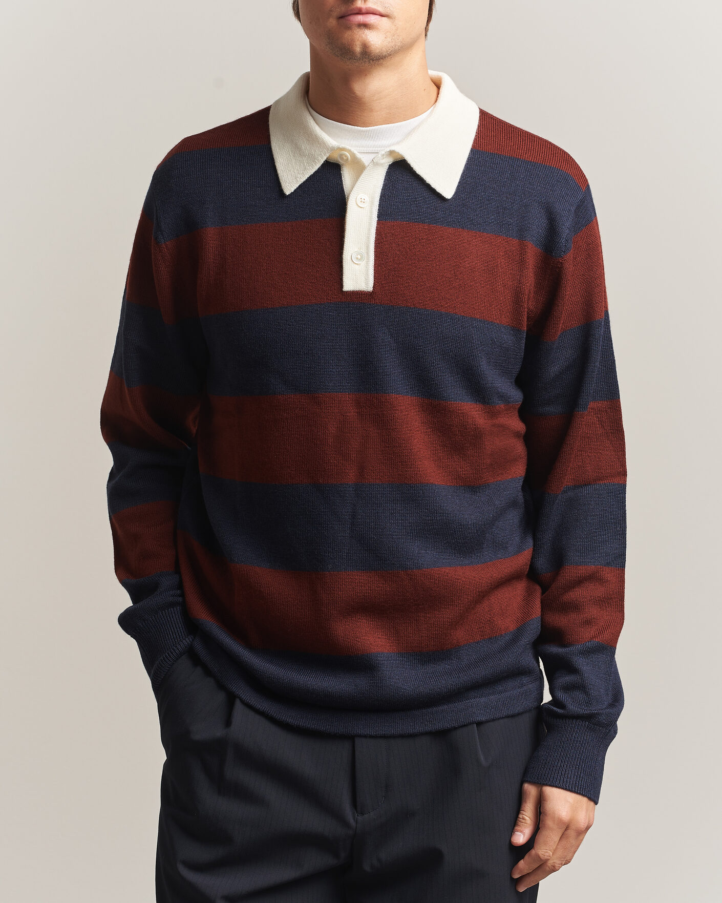 Hombres | Jerséis y prendas de punto | A Day's March | Kenny Striped Merino Rugby Sweater Rust/Navy