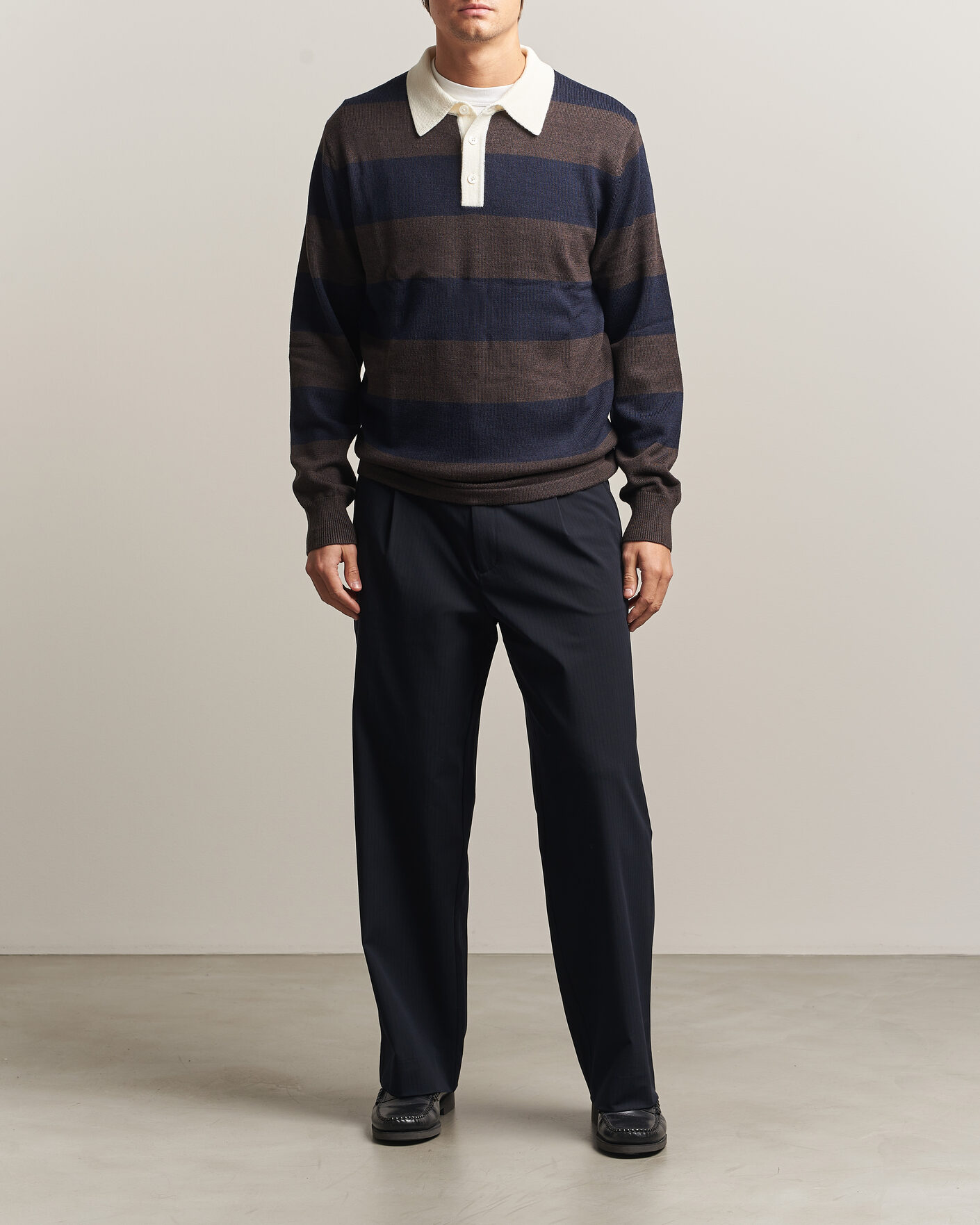 Hombres | Jerséis y prendas de punto | A Day's March | Kenny Striped Merino Rugby Sweater Brown/Navy